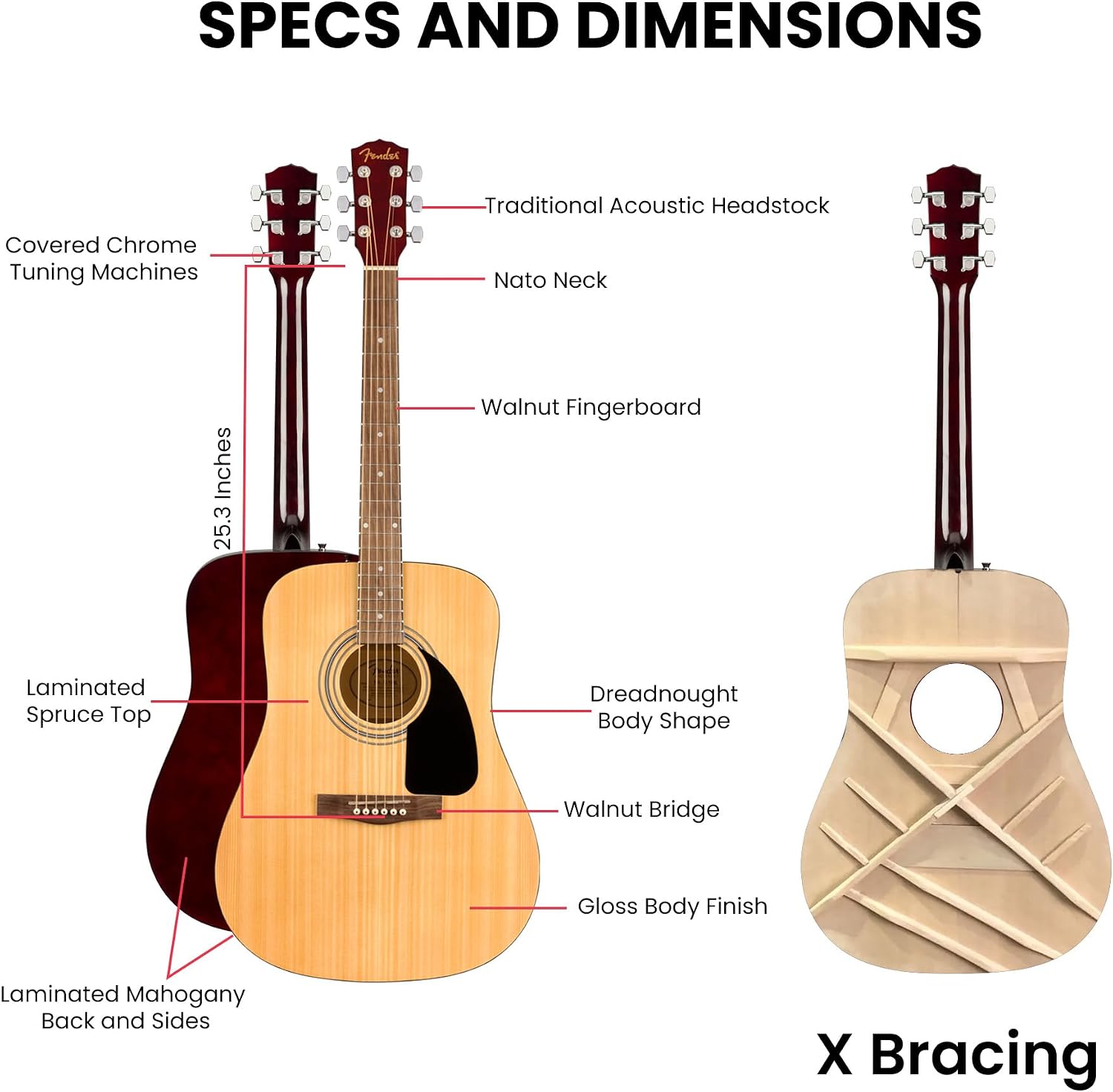Fender Dreadnought Acoustic Guitar - Natural Bundle with Gig Bag, Tuner, Strings, Strap, and Picks