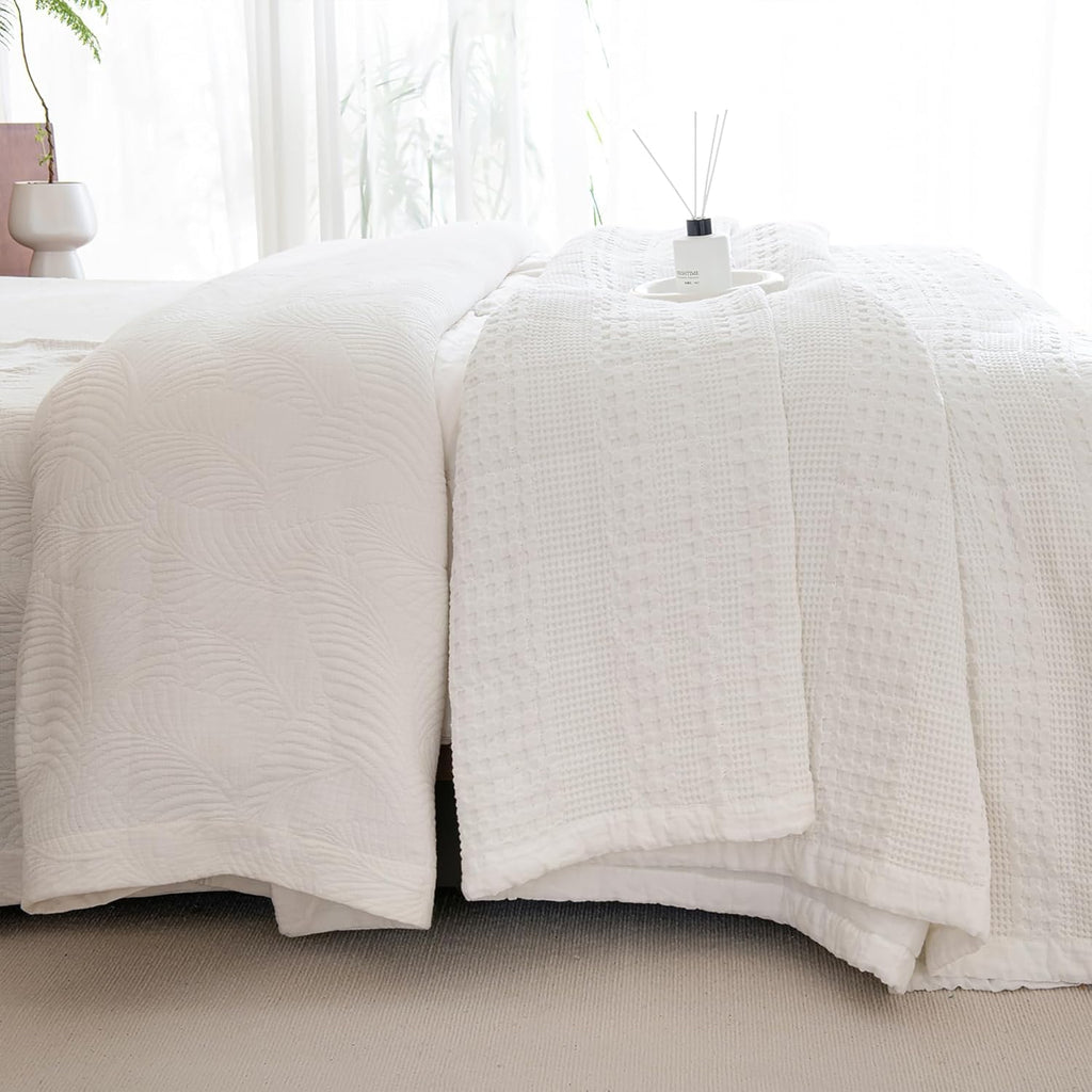 Sanracie Cotton Oversized King Bedspread(120'x120'),White Waffle Quilt Set 3Pcs Soft Lightweight Extra Large King Quilt Bedding Set,Farmhouse Coverlet Quilt Set Shabby Vintage Chic Bedding Set