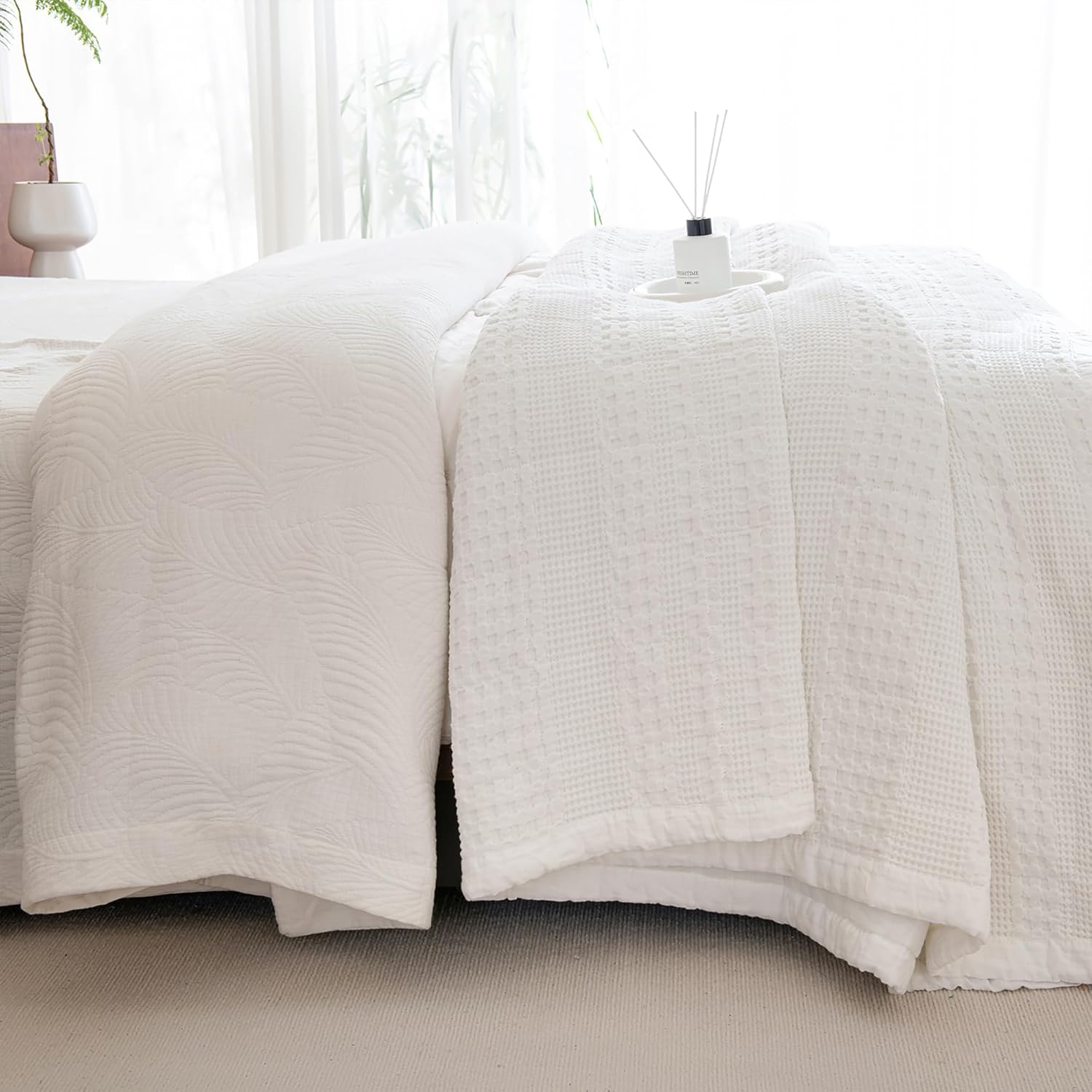 Sanracie Cotton Oversized King Bedspread(120'x120'),White Waffle Quilt Set 3Pcs Soft Lightweight Extra Large King Quilt Bedding Set,Farmhouse Coverlet Quilt Set Shabby Vintage Chic Bedding Set