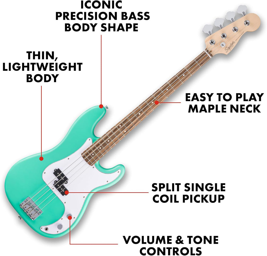 Fender Squier Debut Series Precision Bass Guitar, Beginner Guitar, 2-Year Warranty, Includes Free Lessons, Sea Foam Green with Satin Urethane Finish