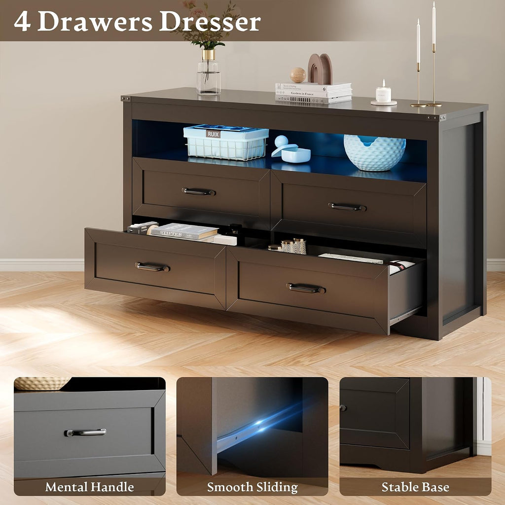 Dresser for Bedroom with 4 Drawers, Farmhouse Chest of Drawers with Natural Texture and LED Lights, Wide Wood Rustic Closet Storage Organizer, Modern Dresser TV Stand for Living Room, Entryway, Black