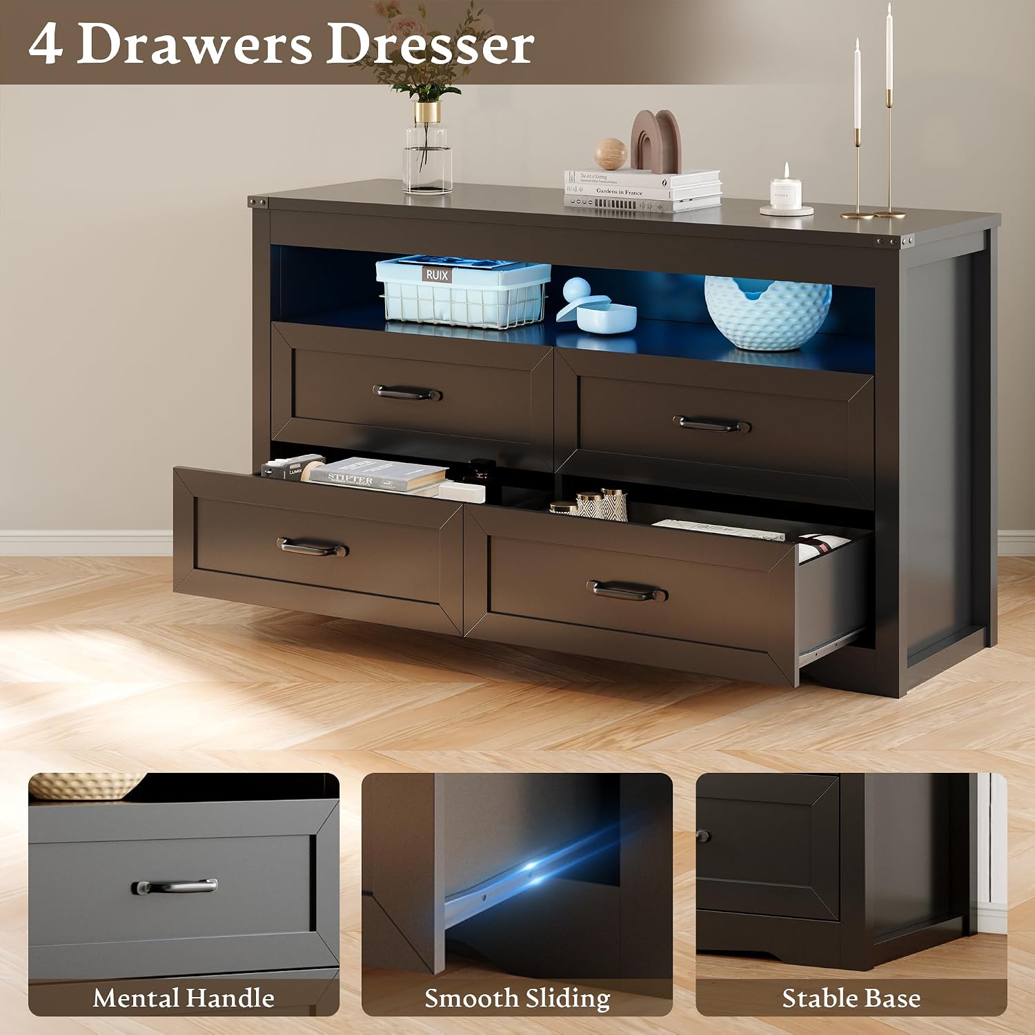Dresser for Bedroom with 4 Drawers, Farmhouse Chest of Drawers with Natural Texture and LED Lights, Wide Wood Rustic Closet Storage Organizer, Modern Dresser TV Stand for Living Room, Entryway, Black