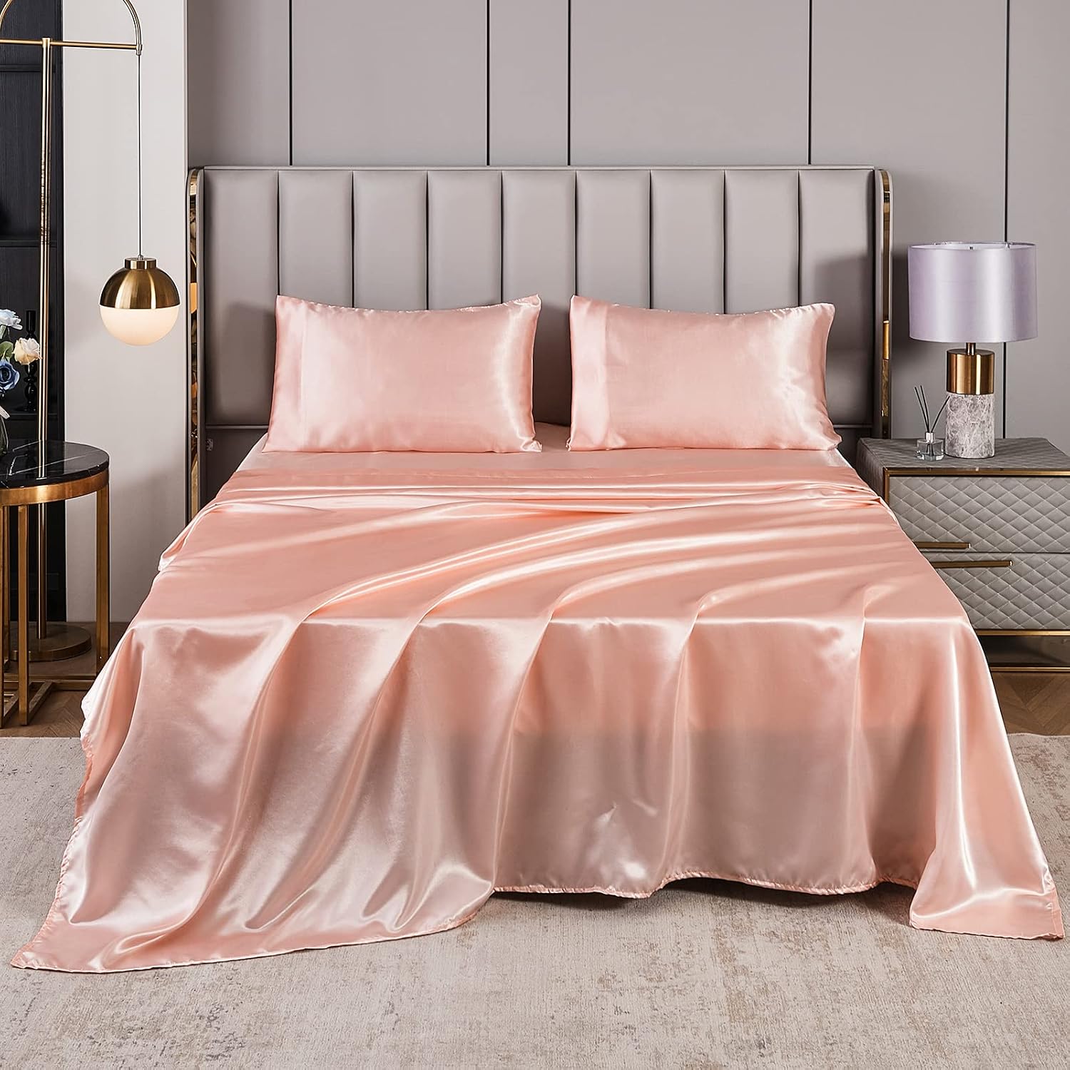 Herside Pink Satin Comforter Set 7 Pieces King Size Bed in a Bag Luxurious Satin Bedding Set with Comforter Pillowcases and Sheets Sets Mini Pompoms Design Super Soft Silky Bed Set for All Seasons