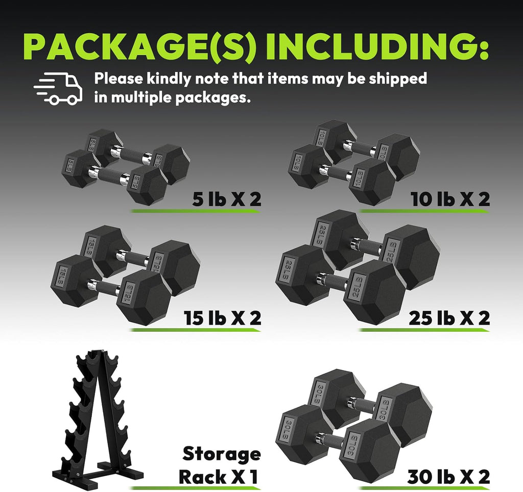 HANDBODE Hex Dumbbell Sets with Rack, 100-165 lb Rubber Encased Dumbbells for Strength Training, Exercise & Fitness, Home Gym Weight Set with Rack