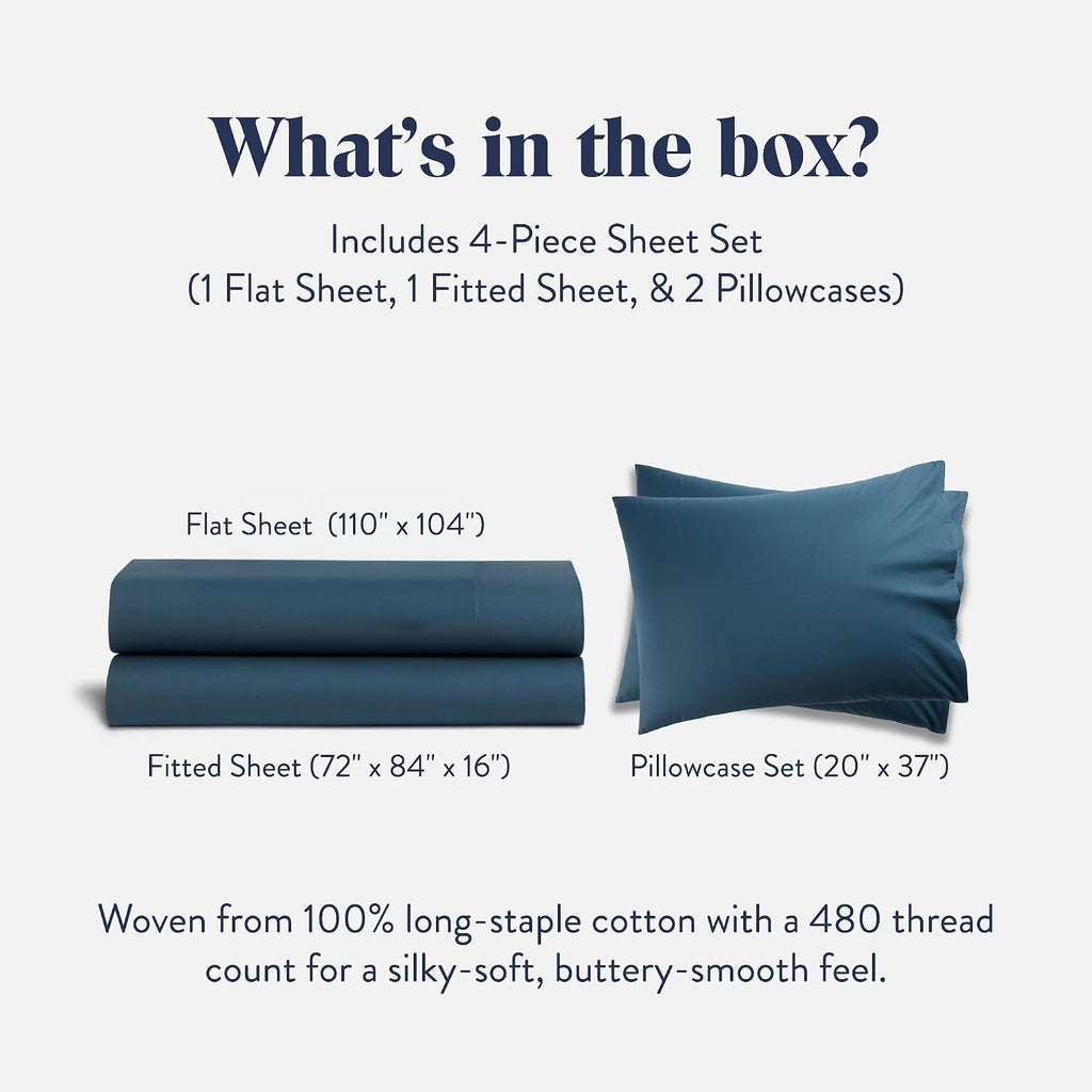 Brooklinen Luxury Sateen 4 Piece Sheet Set - 100% Cotton Bed Sheets, Durable California King Size Sheets Set in Abyss Blue, Oeko-TEX Certified Bedding Set, 1 Fitted Sheet, 1 Flat Sheet, 2 Pillowcases