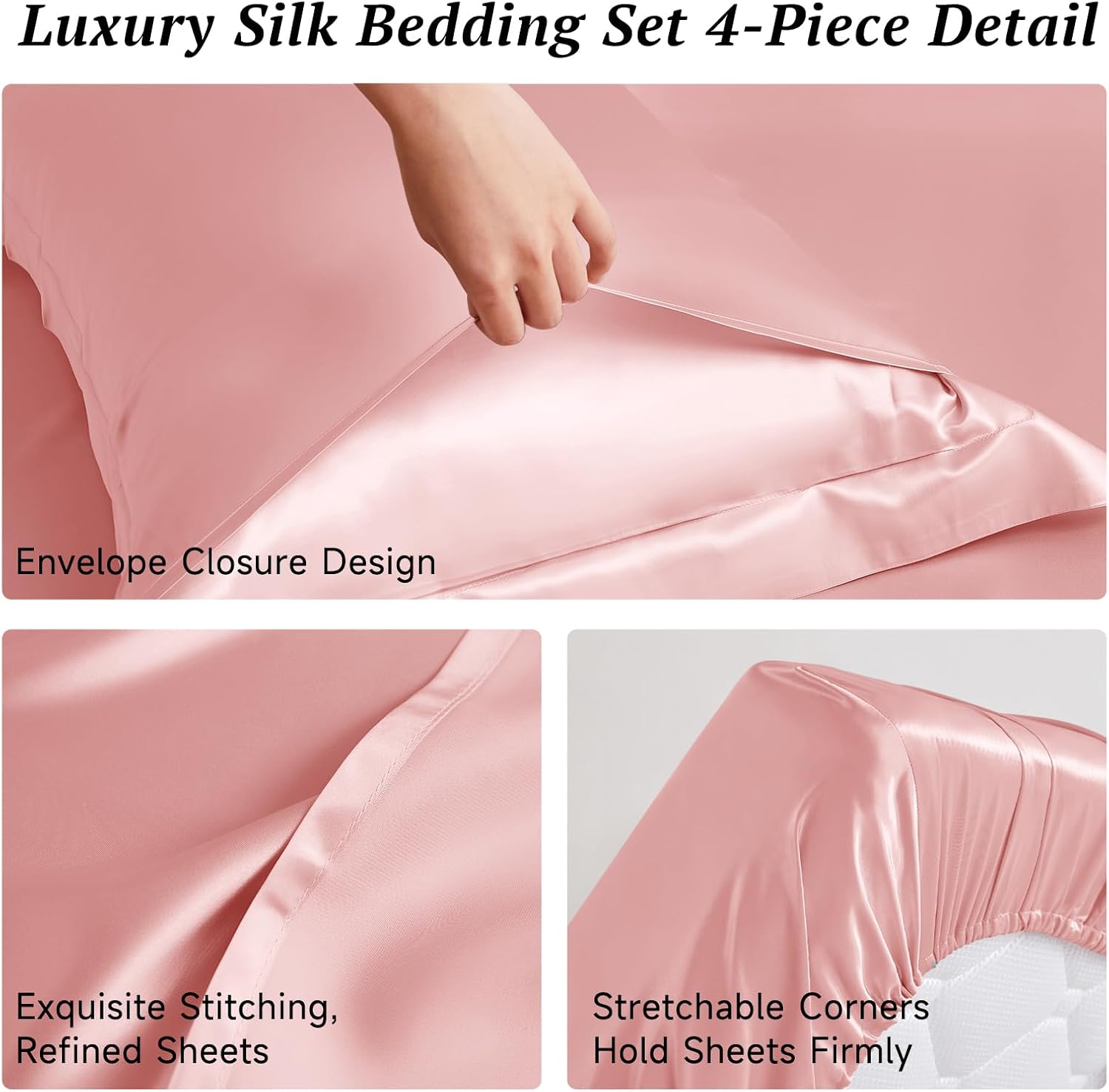 THXSILK Silk Sheet Set 4 Pcs, 25 Momme 100% Top Grade Pure Mulberry Silk Bed Sheets Luxury Bedding Sets Ultra Soft Durable, 1 Fitted Sheet, 1 Flat Sheet and 2 Pillow Shams (Queen, Charming Pink)