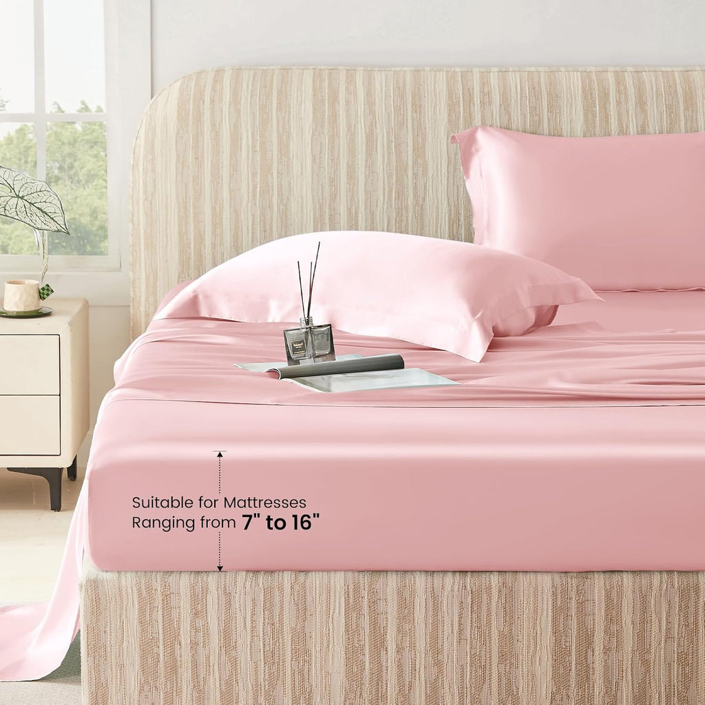 THXSILK Silk Sheet Set 4 Pcs, 25 Momme 100% Top Grade Pure Mulberry Silk Bed Sheets Luxury Bedding Sets Ultra Soft Durable, 1 Fitted Sheet, 1 Flat Sheet and 2 Pillow Shams (Queen, Charming Pink)