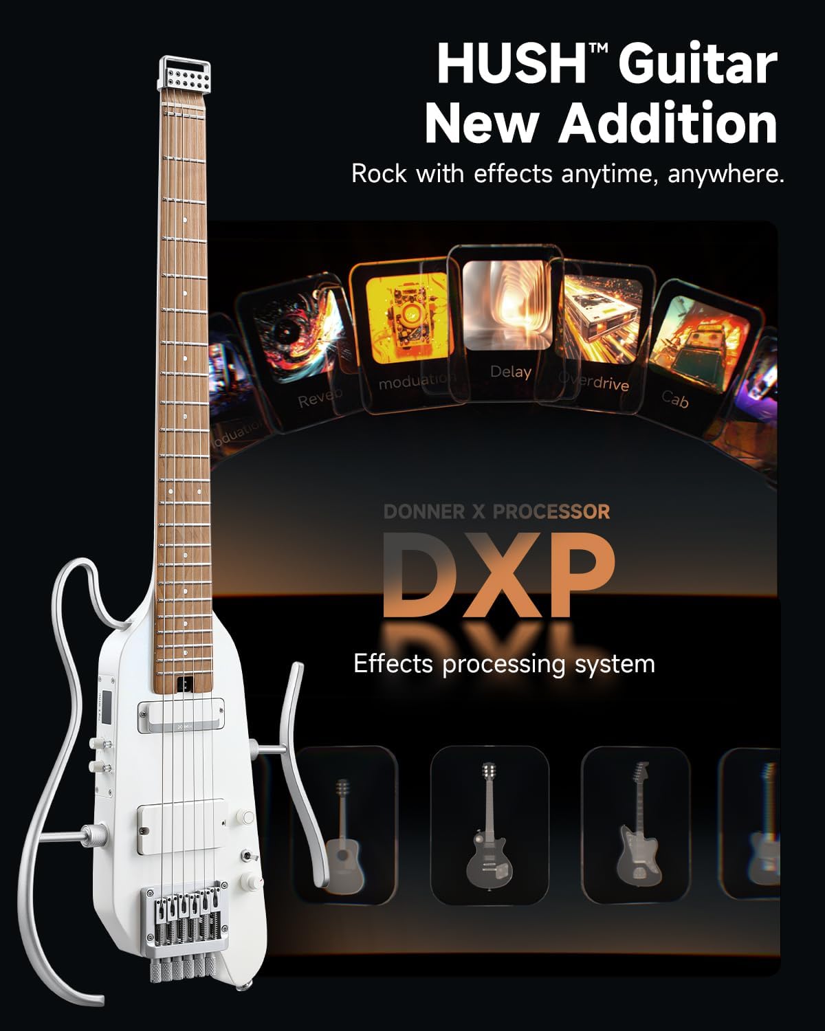 Donner HUSH X PRO Electric Guitar Kit - Smart Travel Guitar with Dozens of Preset Combinations, 7 Tone Sim Options, Metallic White