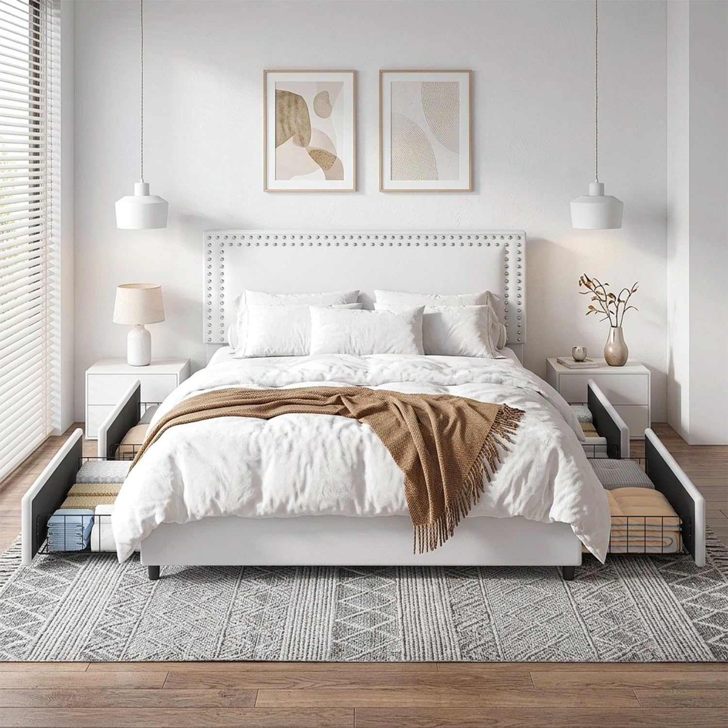 VECELO Full Size Upholstered Bed Frame with 4 Storage Drawers, Adjustable Velvet Rivet Decor Headboard, Wooden Slats Platform Support, No Box Spring Needed, Easy Assembly,White