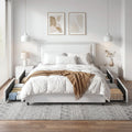 VECELO Queen Size Upholstered Bed Frame with 4 Storage Drawers, Adjustable Velvet Rivet Decor Headboard, Wooden Slats Platform Support, No Box Spring Needed, Easy Assembly,White