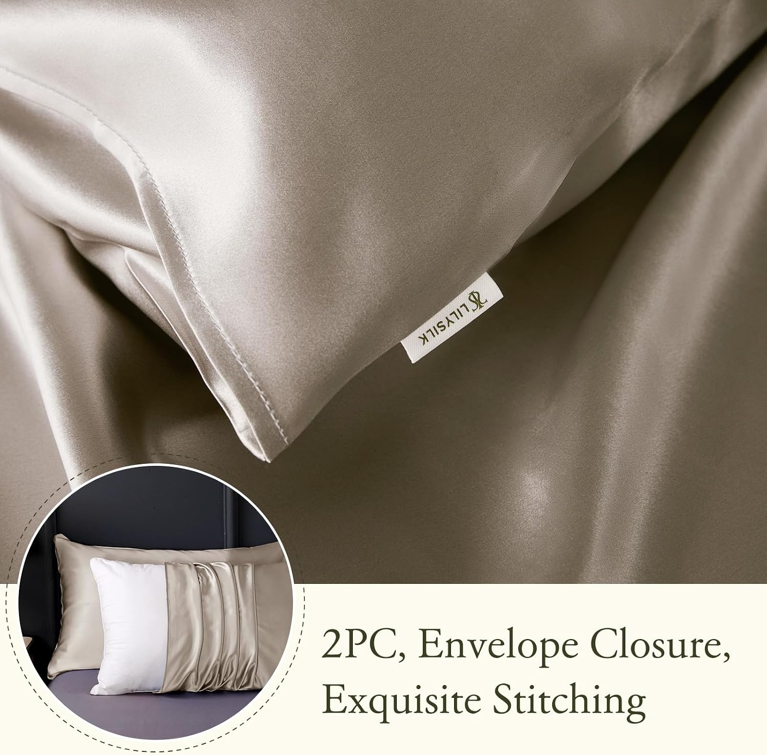 LilySilk 3PC Silk Fitted Sheets Set 100% Mulberry Silk 6A Grade, 2 Silk Pillowcases and 1 Silk Fitted Sheet, 16 Inch Deep Pocket, 19 Momme Silk Bed Sheets Silvergray, Twin Size