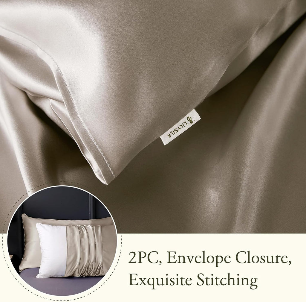LilySilk 3PC Mulberry Silk Fitted Sheets Set, 6A Grade, 2 Pillowcases, 1 Fitted Sheet, 16 Inch Deep Pocket, 19 Momme, Silvergray, Full Size