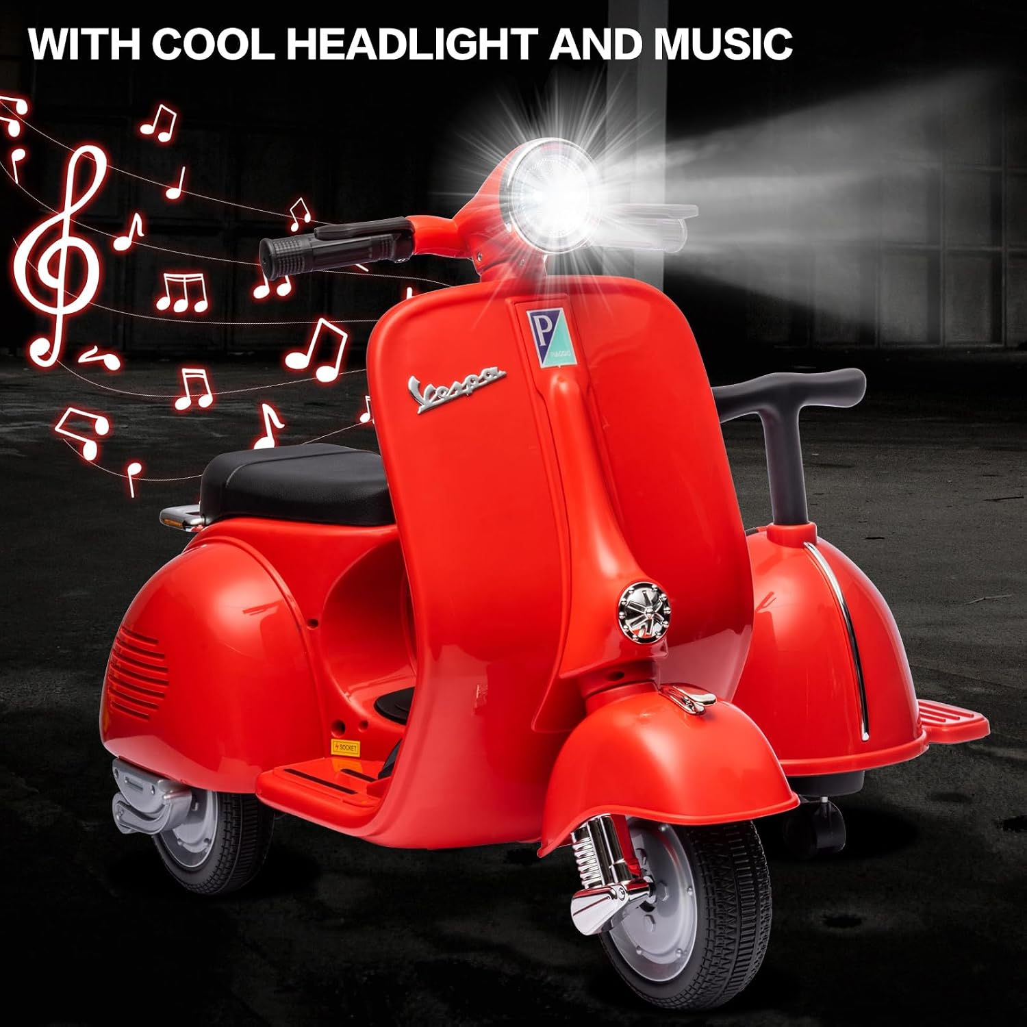 Licensed Vespa Kids Ride On Car with Side Car & Speaker | Motorcycle 2 Seater Three Wheeled Toy Car Rechargeable with Music Player, Volume Button, Lights, USB Plug, Forward, Backward, Red