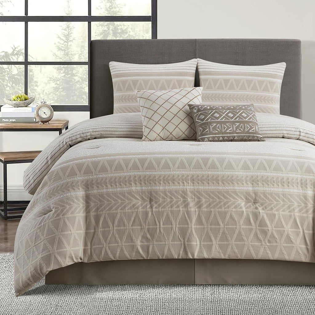 LANCO MODERN LIFESTYLE Cotton Comforter Set King, Gorgeous Geometric Jacquard, Beige Soft Lightweight Bedding Set for All Seasons, Bedskirt, Pillow Shams and Decor Pillows