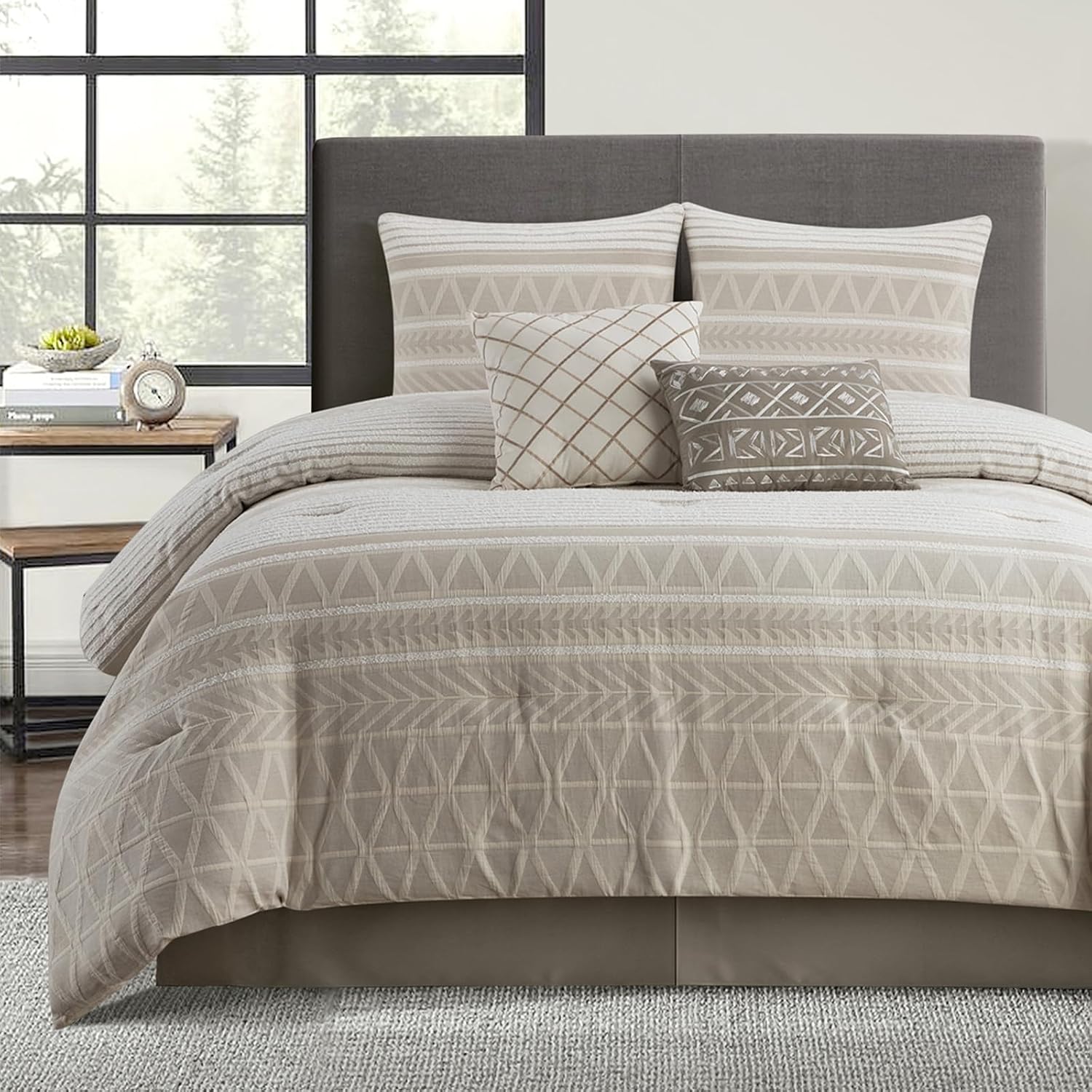 LANCO MODERN LIFESTYLE Cotton Comforter Set King, Gorgeous Geometric Jacquard, Beige Soft Lightweight Bedding Set for All Seasons, Bedskirt, Pillow Shams and Decor Pillows