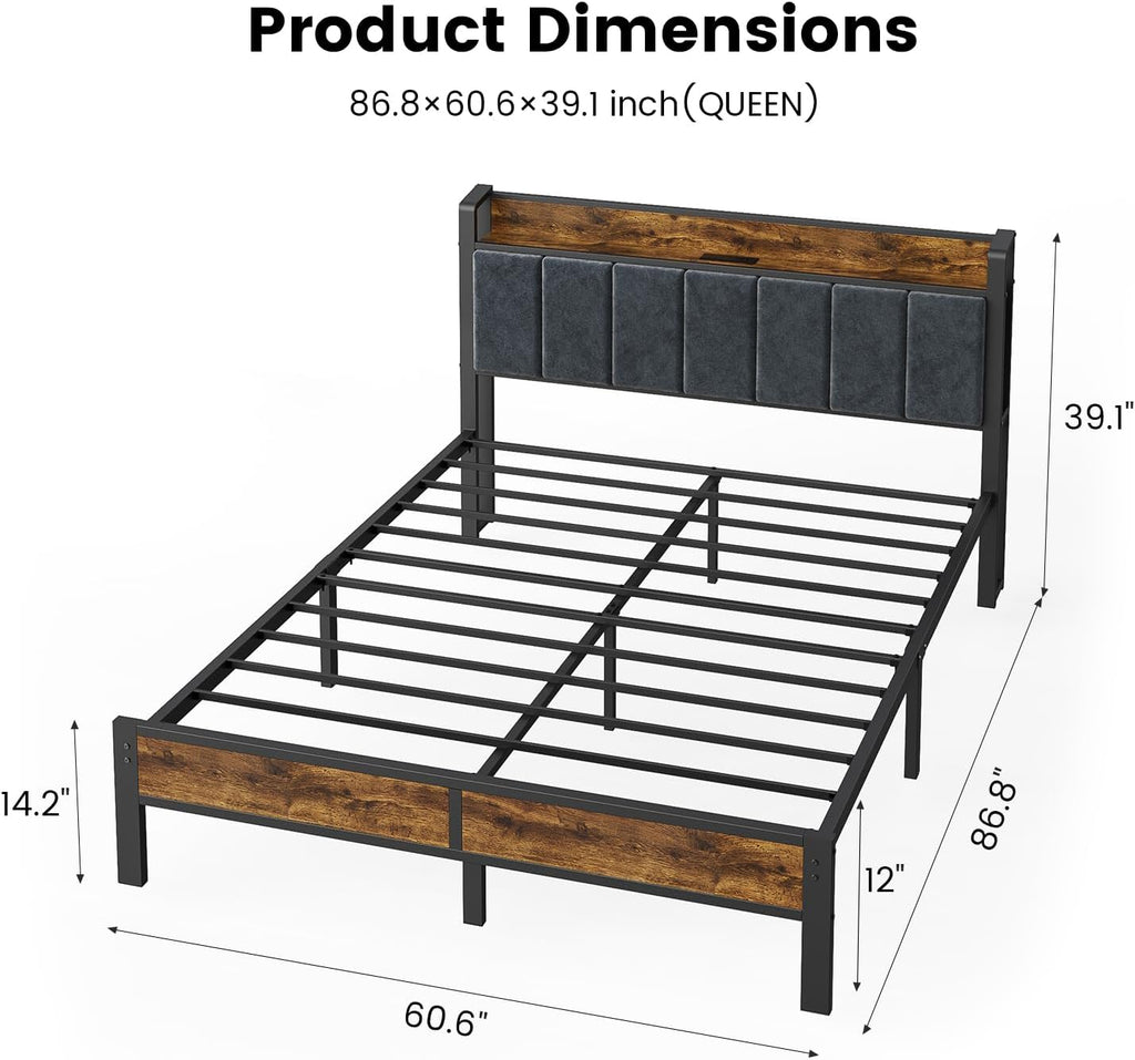 ALBERTO Queen Size Bed Frame with LED Lights, Upholstered Headboard with Storage and Charging Station, Metal Platform with Slats, No Box Spring Needed, Easy Assembly