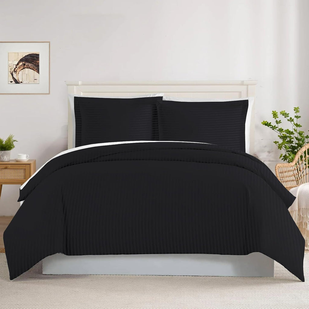 800TC 3 Sided Zipper Duvet Cover Set Soft Egyptian Cotton 3 Sided Zipper Closure, 3 PCS 1-Duvet Cover & 2- Pillow Shams - King-XL Size (98' x 116') Inches, (Black Stripe)