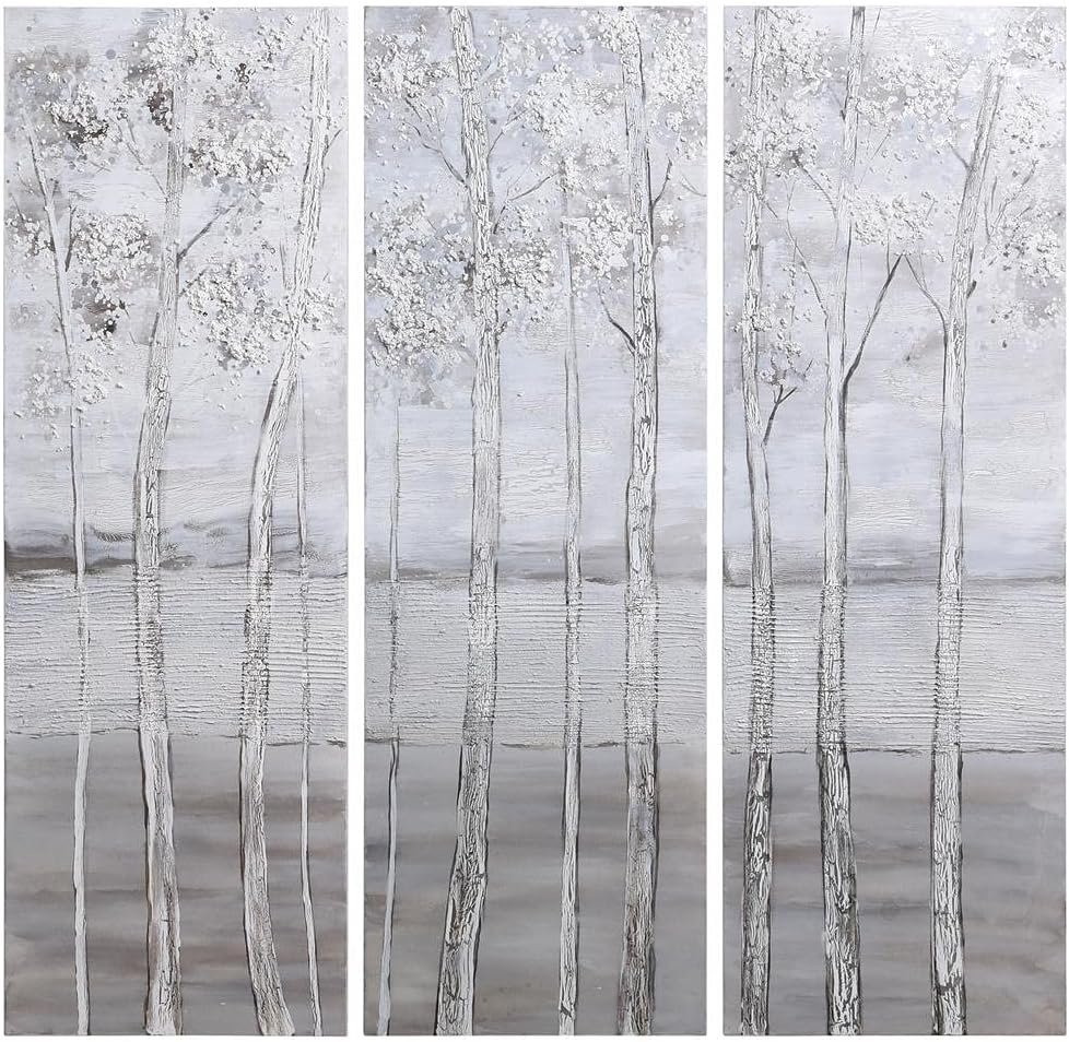 Empire Art Direct Abstract Wall Art Textured Hand Painted Canvas by Martin Edwards, Triptych, 48' x 16' each, Silver Winter
