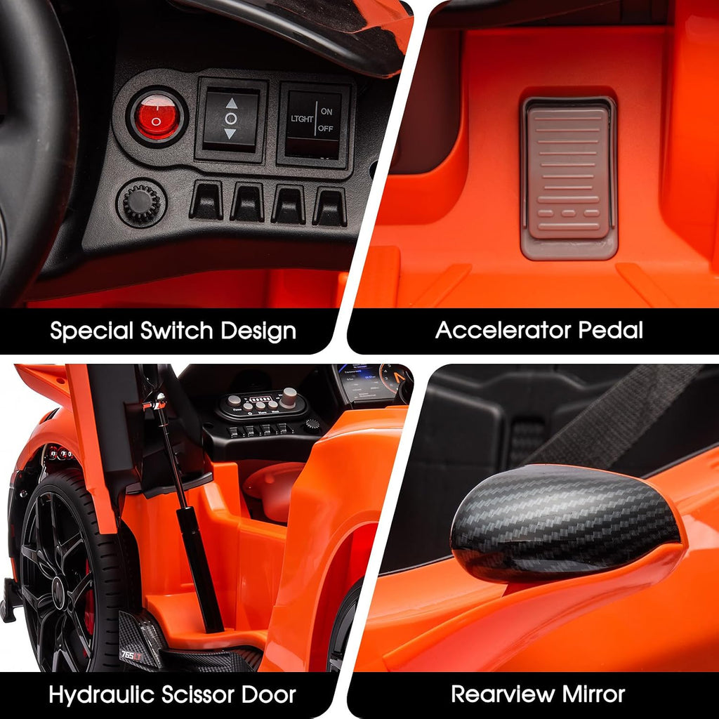 Kids Ride-on Car Licensed McLaren765LT for 3-6Years Old, Electric car 12V Battery Powered Electric Vehicle, w/Parent Remote, Music Player, LED Lights, Smooth Start, 3 Speeds, (Orange)