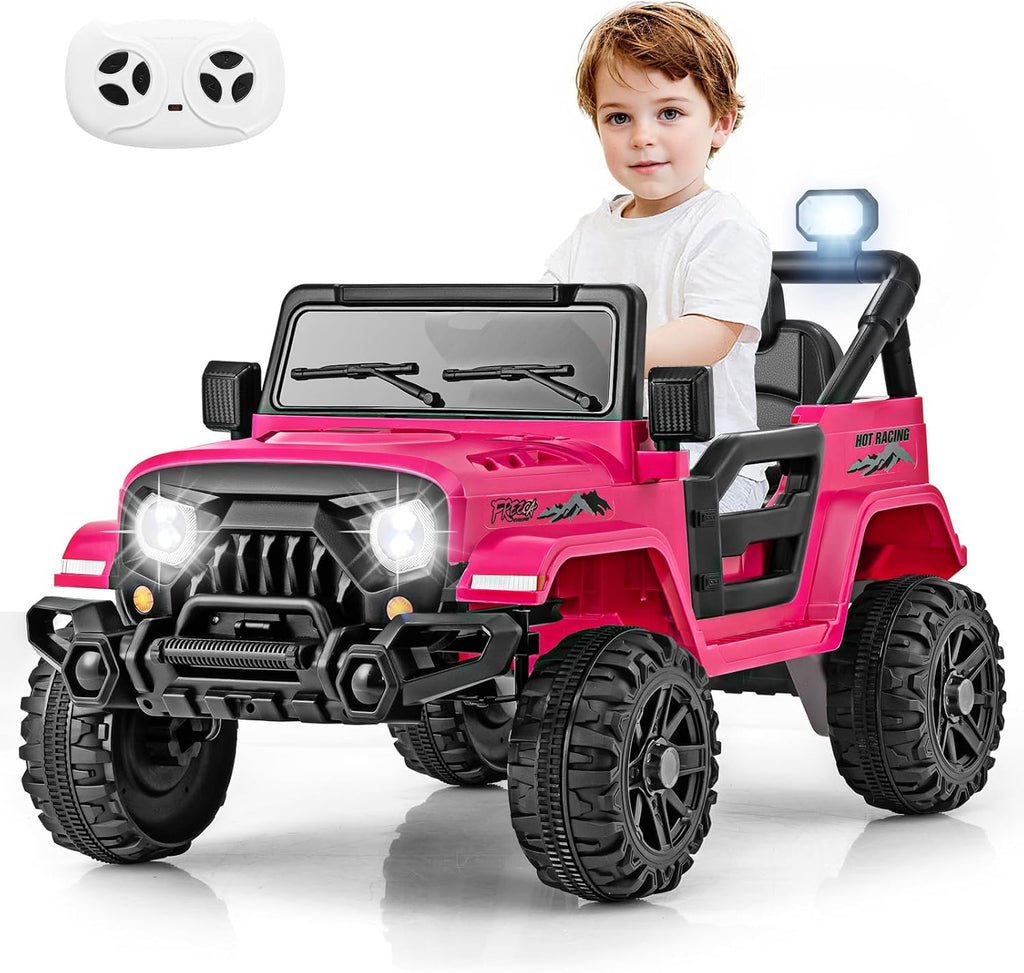OLAKIDS Ride on Truck, 12V Battery Powered Electric Vehicle for Kids with Remote Control, Bluetooth, Power Display, LED Lights, Music Player, Ride on Toy for 3+ Boys Girls (Pink)