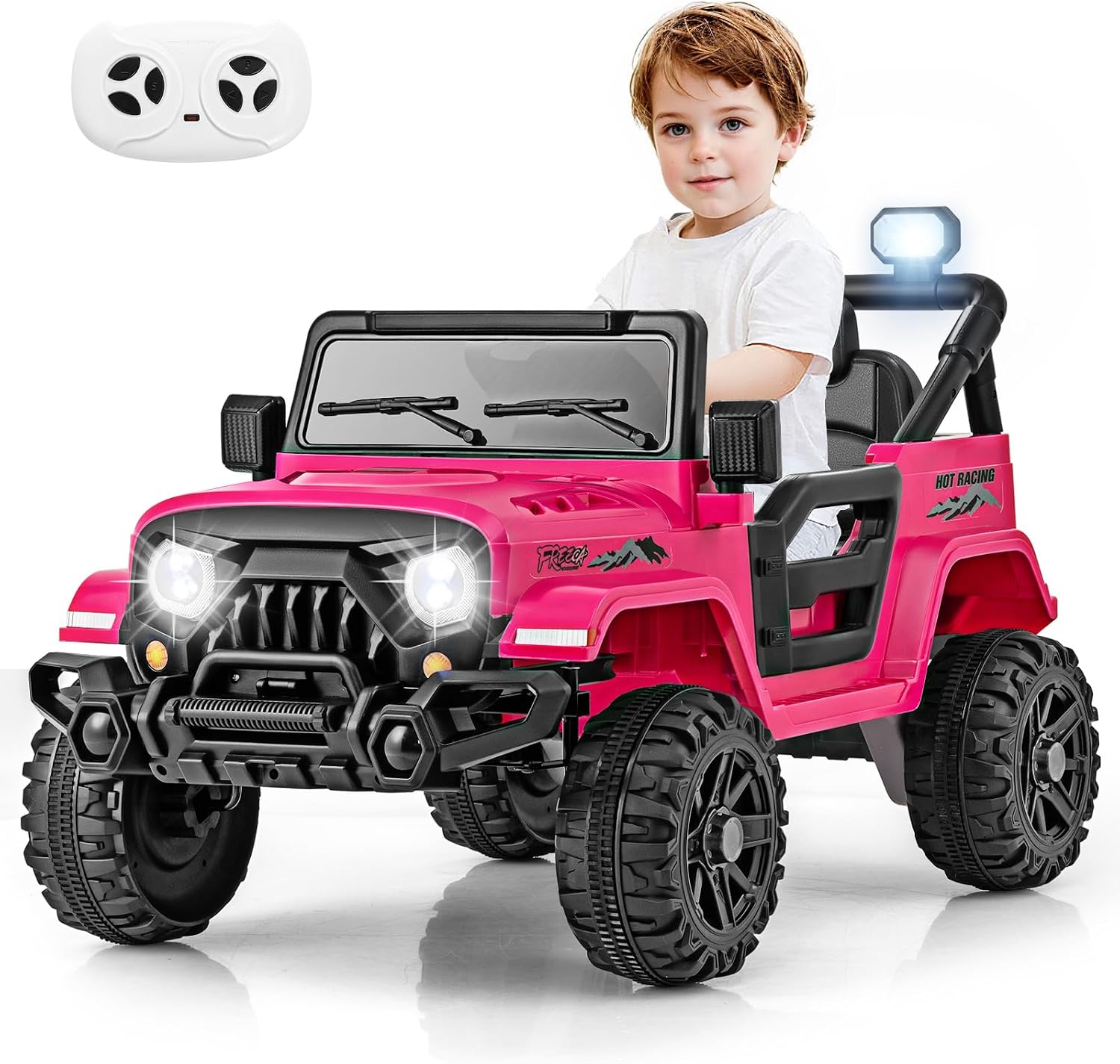 OLAKIDS Ride on Truck, 12V Battery Powered Electric Vehicle for Kids with Remote Control, Bluetooth, Power Display, LED Lights, Music Player, Ride on Toy for 3+ Boys Girls (Pink)