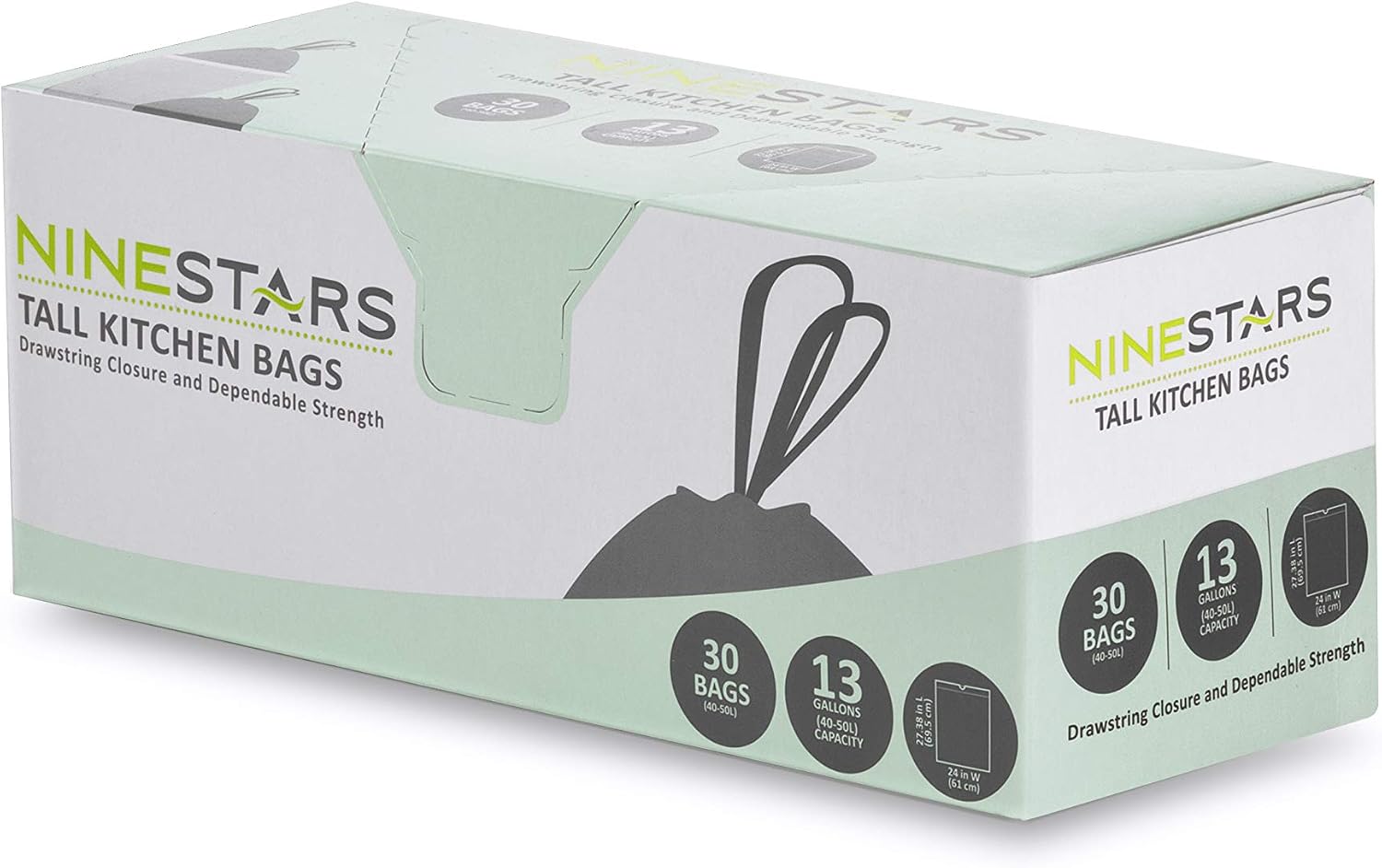 NINESTARS NSTB-13-30 Extra Strong White Trash Bag w/Drawstring Closure, 13 Gal. / 49 L., 30 count, Packaging may vary (Pack of 12)