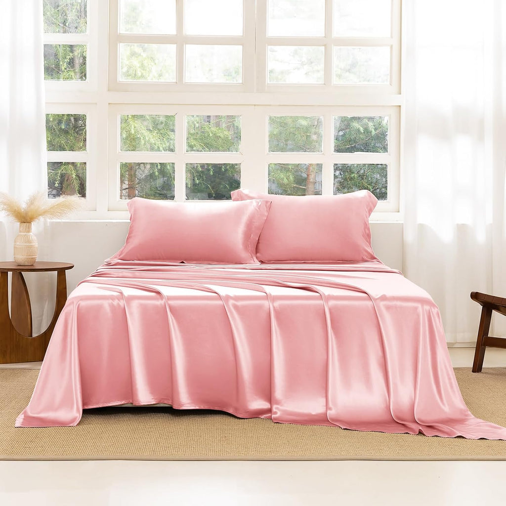 THXSILK Silk Sheet Set 4 Pcs, King Size Sheet Set, 22 Momme 7A+ Silk Sheets, Soft and Breathable Bed Sheets with 1 Flat Sheet, 1 Fitted Sheet, 2 Pillow Shams, Charming Pink