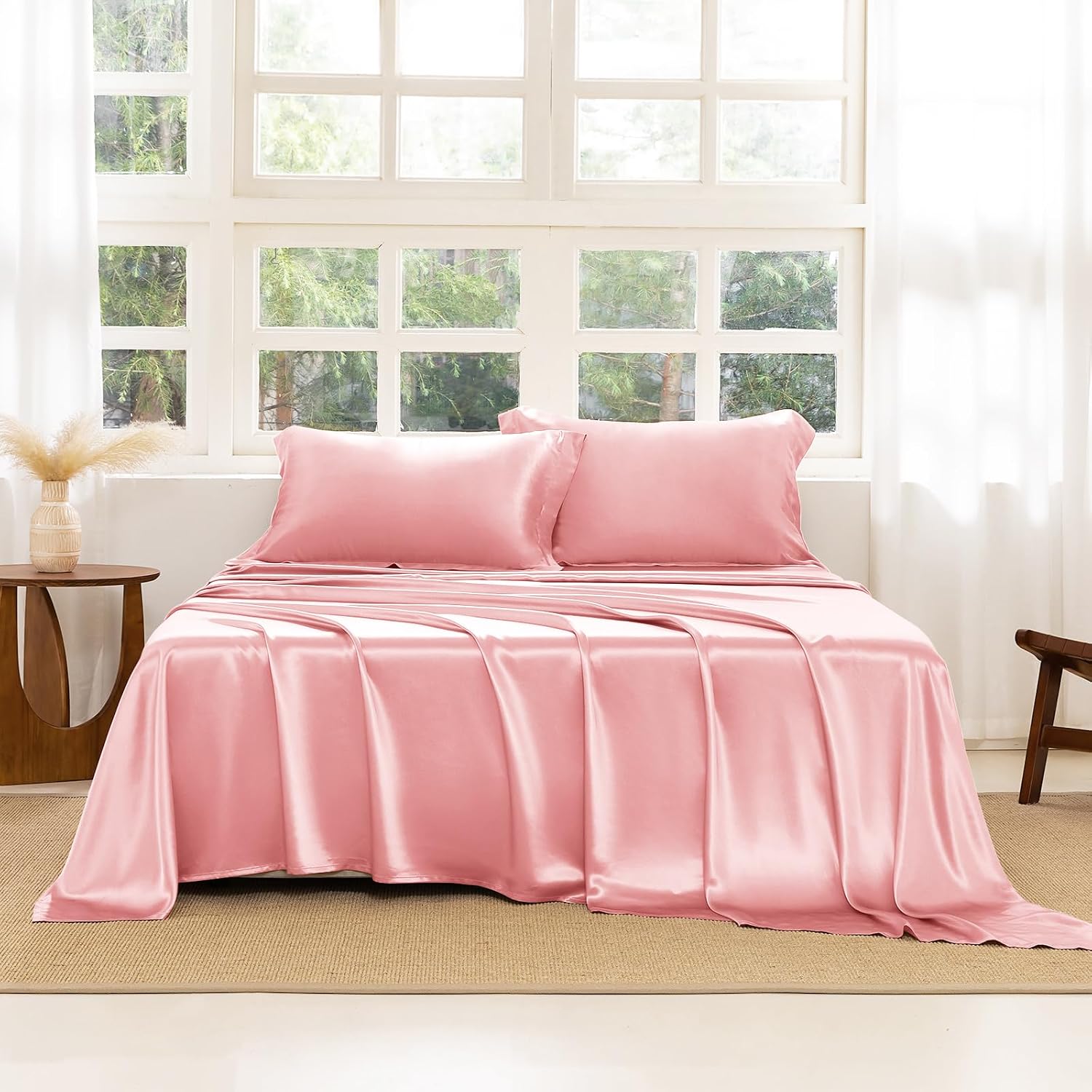 THXSILK Silk Sheet Set 4 Pcs, King Size Sheet Set, 22 Momme 7A+ Silk Sheets, Soft and Breathable Bed Sheets with 1 Flat Sheet, 1 Fitted Sheet, 2 Pillow Shams, Charming Pink