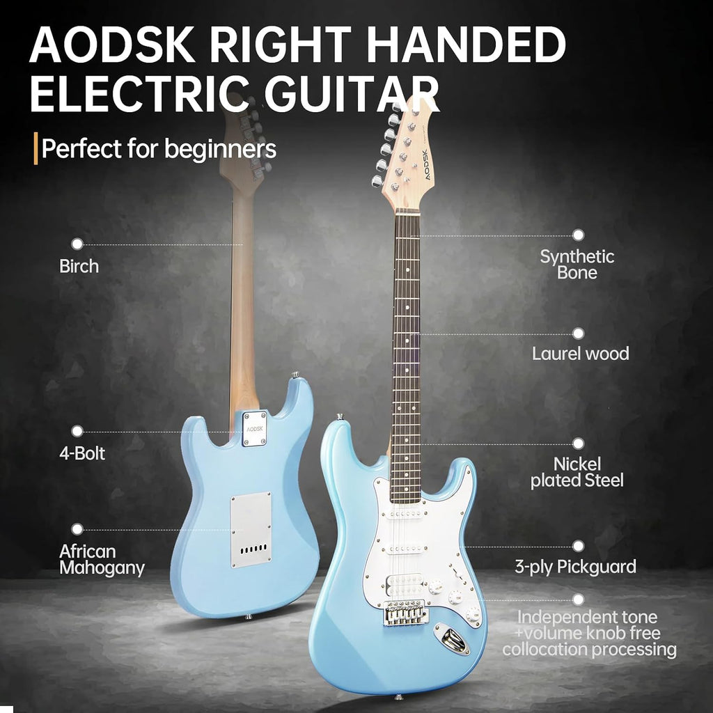 AODSK Electric Guitar with Amp Beginner Kit 39 Inch Solid Body Full Size,All Accessories,Digital Tuner,Six Strings,Four Picks,Tremolo Bar,Strap,Gig Bag,Starter kit (Blue-HSS)