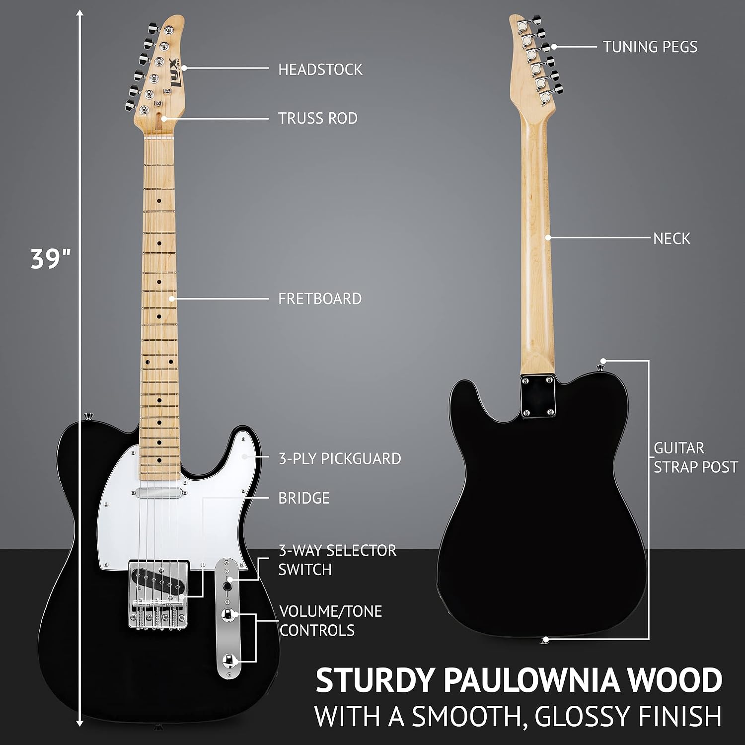 LyxPro 39' Electric Guitar TL Series, Full-Size Paulownia Wood Body, 3-Ply Pickguard, C-Shape Neck, Ashtray Bridge, Quality Gear Tuners, 3-Way Switch & Volume/Tone Controls, 2 Picks Included, Black