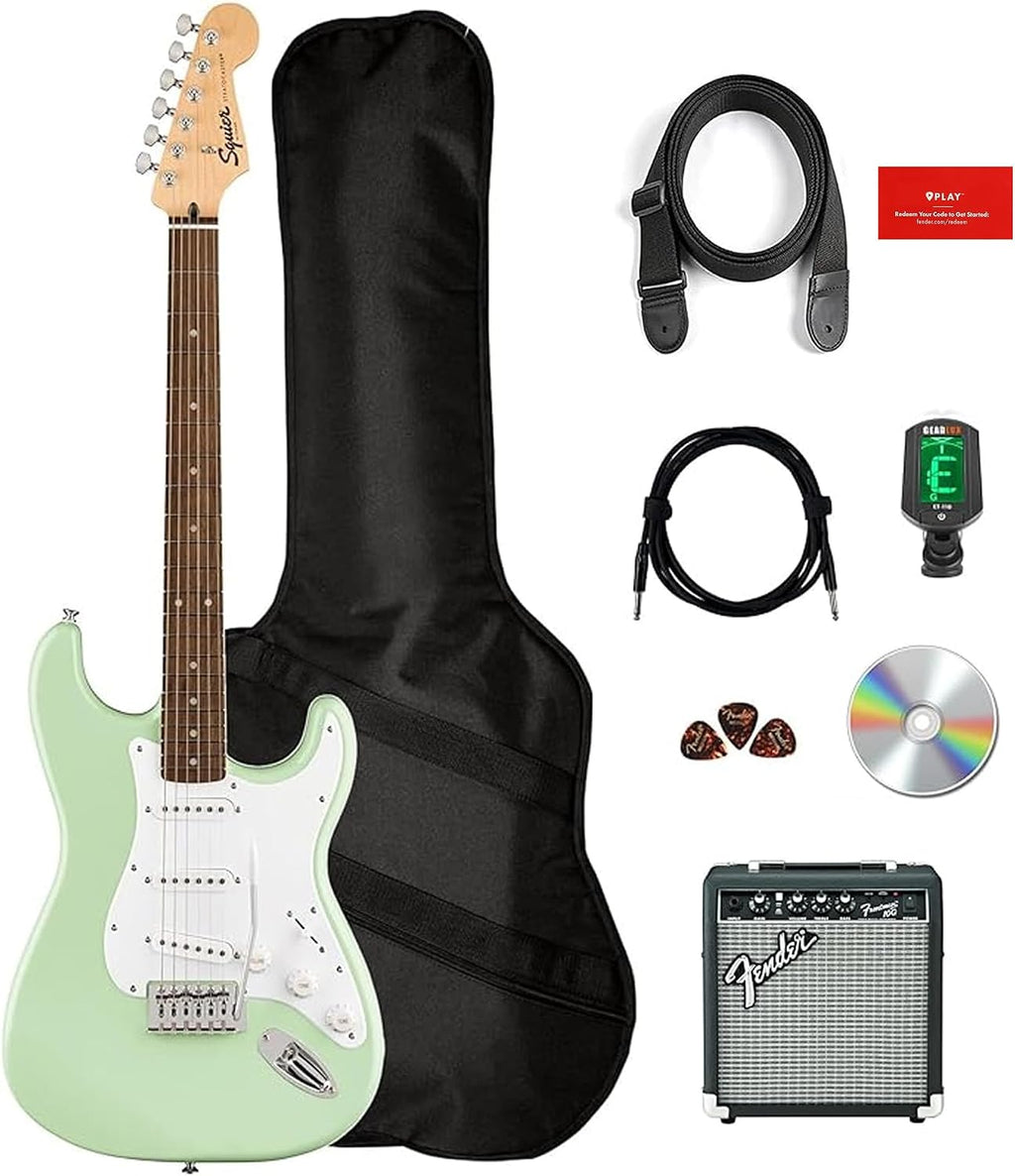 Fender Squier Sonic Stratocaster Pack - Surf Green Bundle with Frontman 10G Amp, Gig Bag, Cable, Strap, Tuner, Picks, and Austin Bazaar Guitar DVD