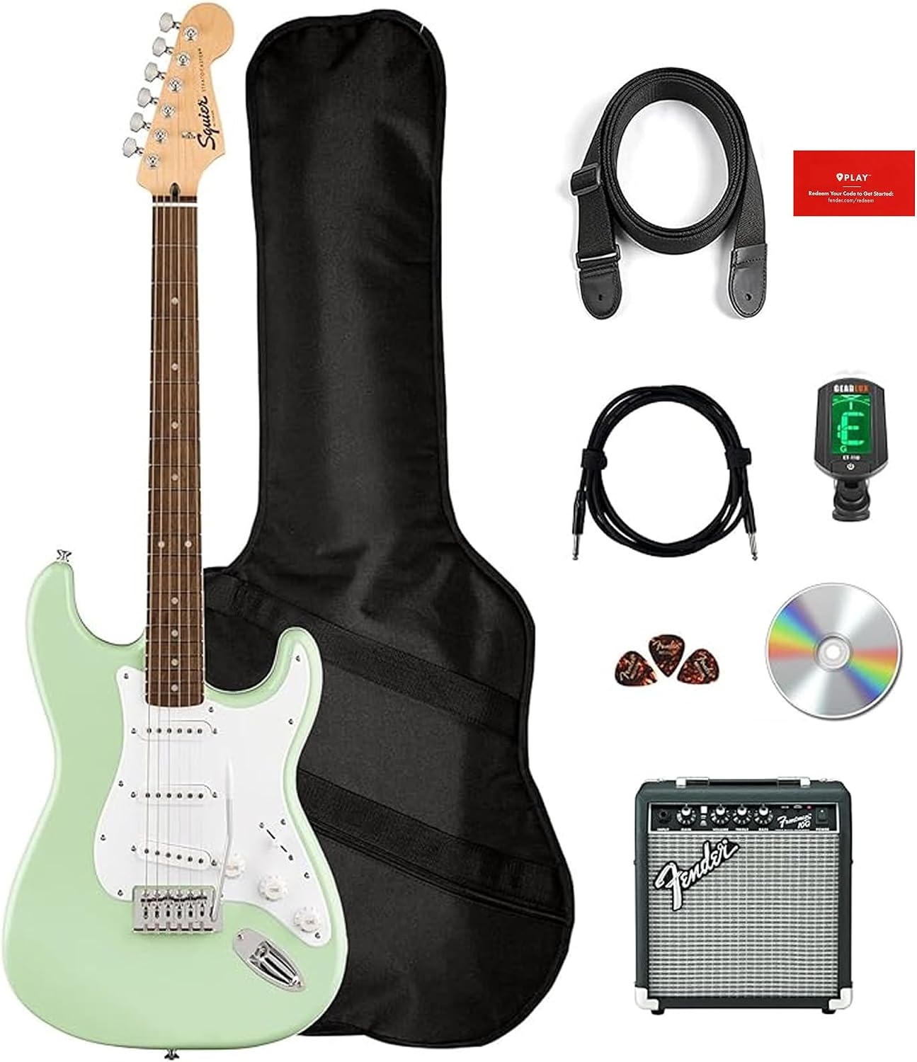 Fender Squier Sonic Stratocaster Pack - Surf Green Bundle with Frontman 10G Amp, Gig Bag, Cable, Strap, Tuner, Picks, and Austin Bazaar Guitar DVD