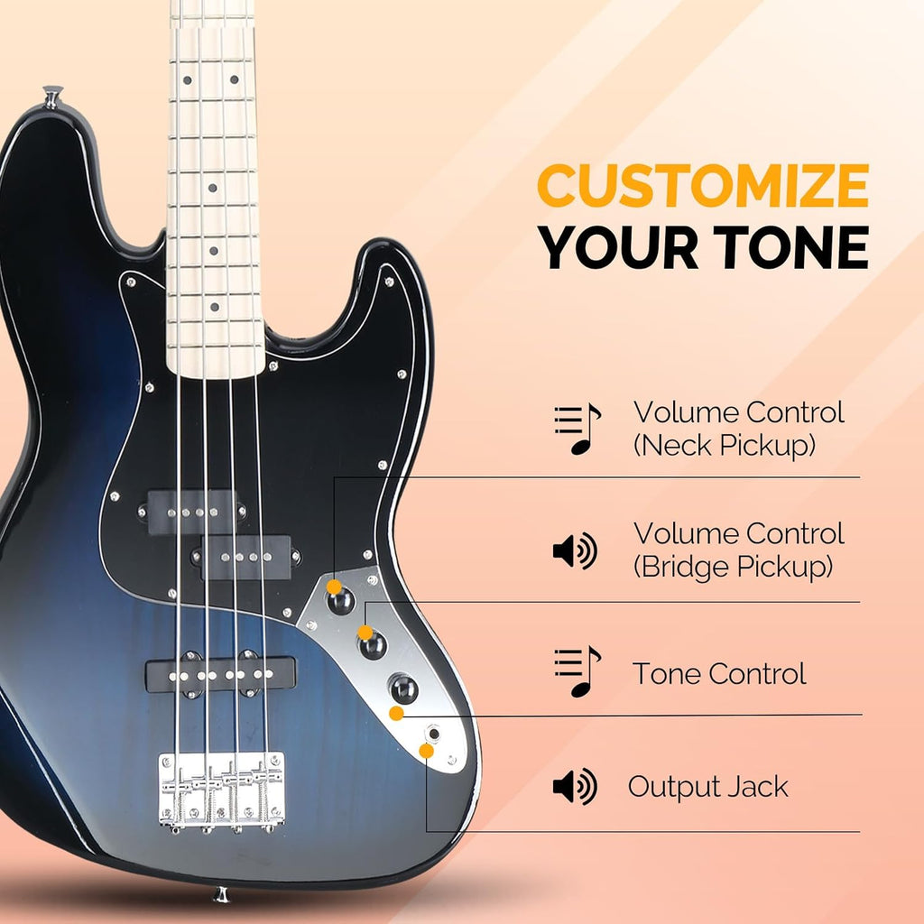 GLARRY Bass Guitar Full Size 4 String Exquisite Stylish Bass with Guitar Bag Power Line and Wrench Tool (Dark Blue, With AMP)