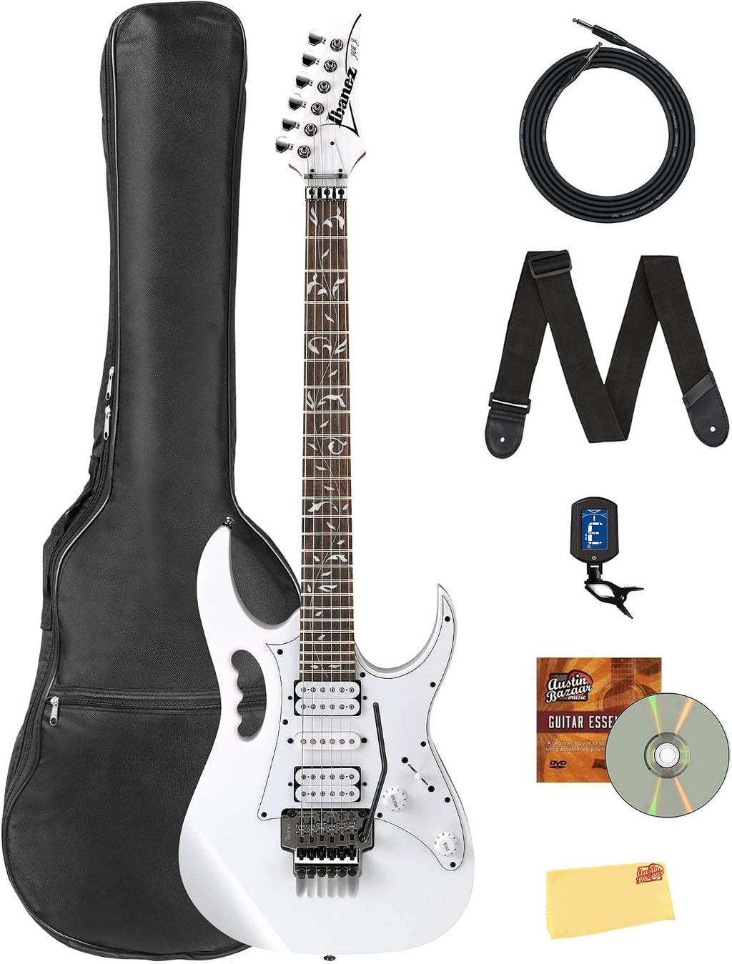 Ibanez JEMJR Steve Vai Electric Guitar - White Bundle with Gig Bag, Tuner, Strap, Cable, Austin Bazaar Instructional DVD, and Polishing Cloth