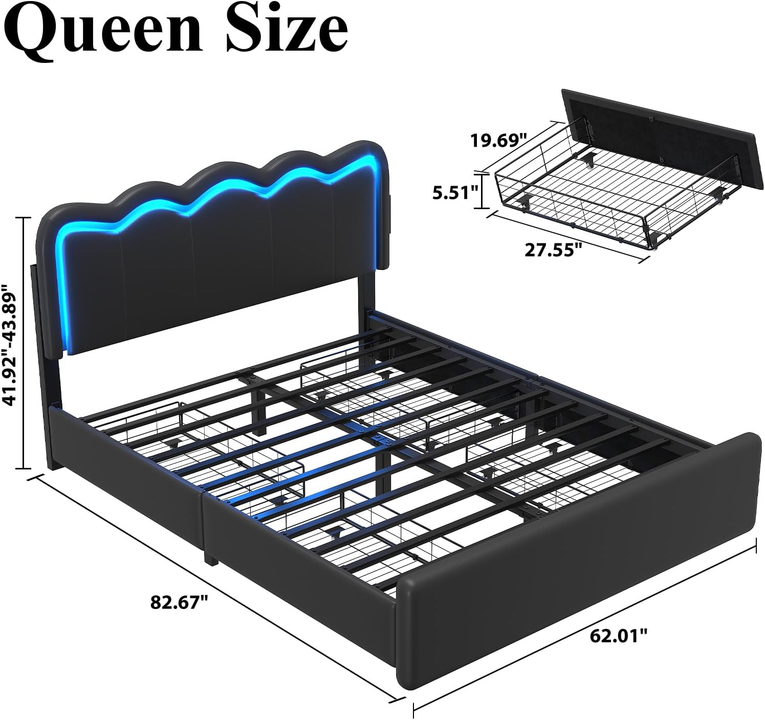 Queen Size Bed Frame with 4 Storage Drawers and LED Lights, Upholstered Platform Bed with Adjustable Chic Double Wavy Headboard, Charging Station, Metal Slats Support, No Box Spring Needed, Black