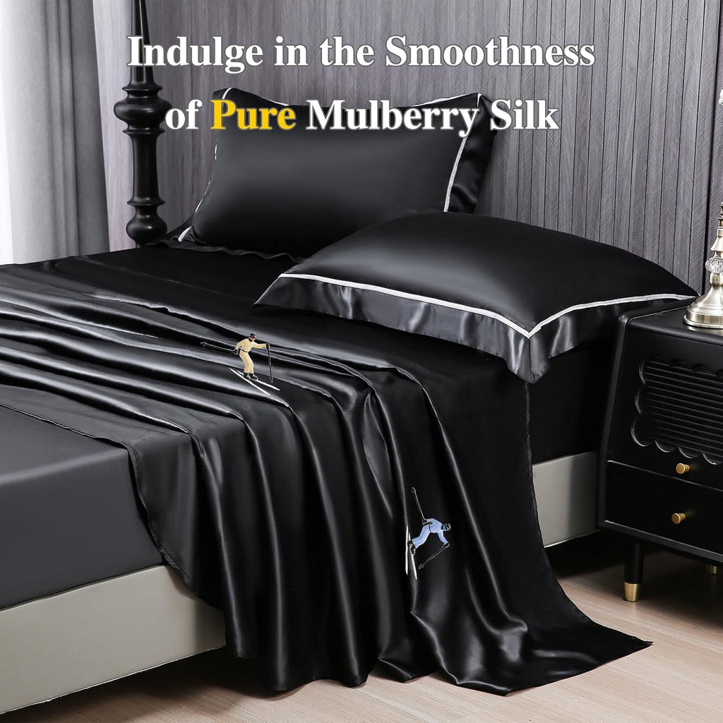 YOUR MOON 100% Mulberry Silk Sheets Set King Size 4 Pcs, 25 Momme Mulberry Silk Bed Sheets, Ultra Soft Luxury Bedding Sets, 1 Fitted Sheet, 1 Flat Sheet, 2 Pillow Shams (Black)