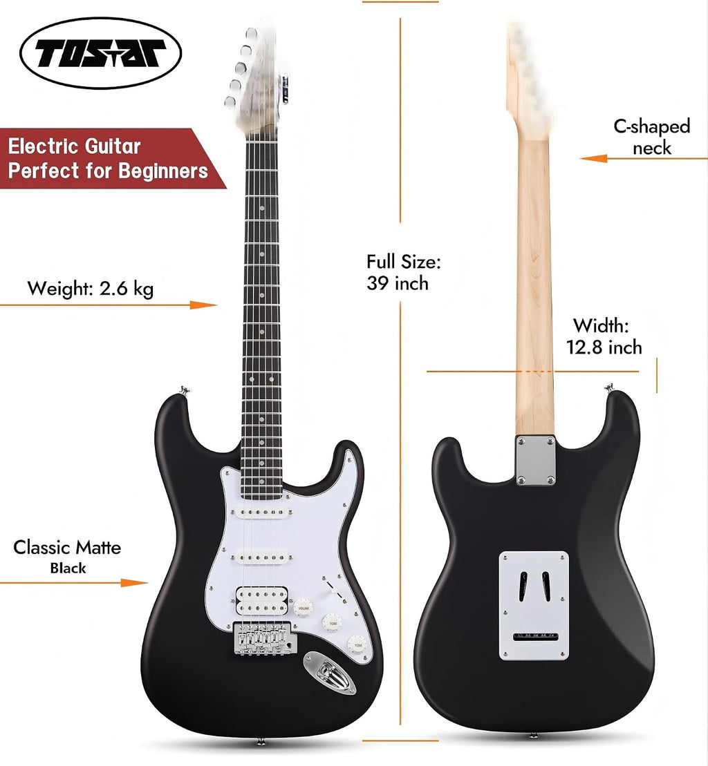 Tostar Beginner Electric Guitar, Solid Body, 39' Full Size Strat Style with HSS Pickups, 5-Way Switch, Tremolo Bridge, Maple Neck & Tectona Fretboard, Ideal for Beginners and Gifting, Black