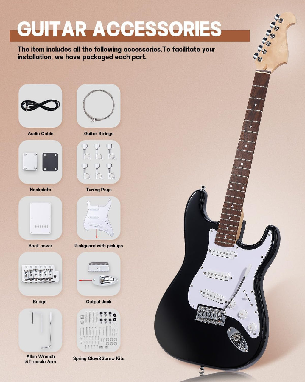 Leo Jaymz DIY ST Style Electric Guitar Kits,Spray-painted Mahogany Body,Laurel Wood Fingerboard and Maple Neck, including all Components (ST Black)