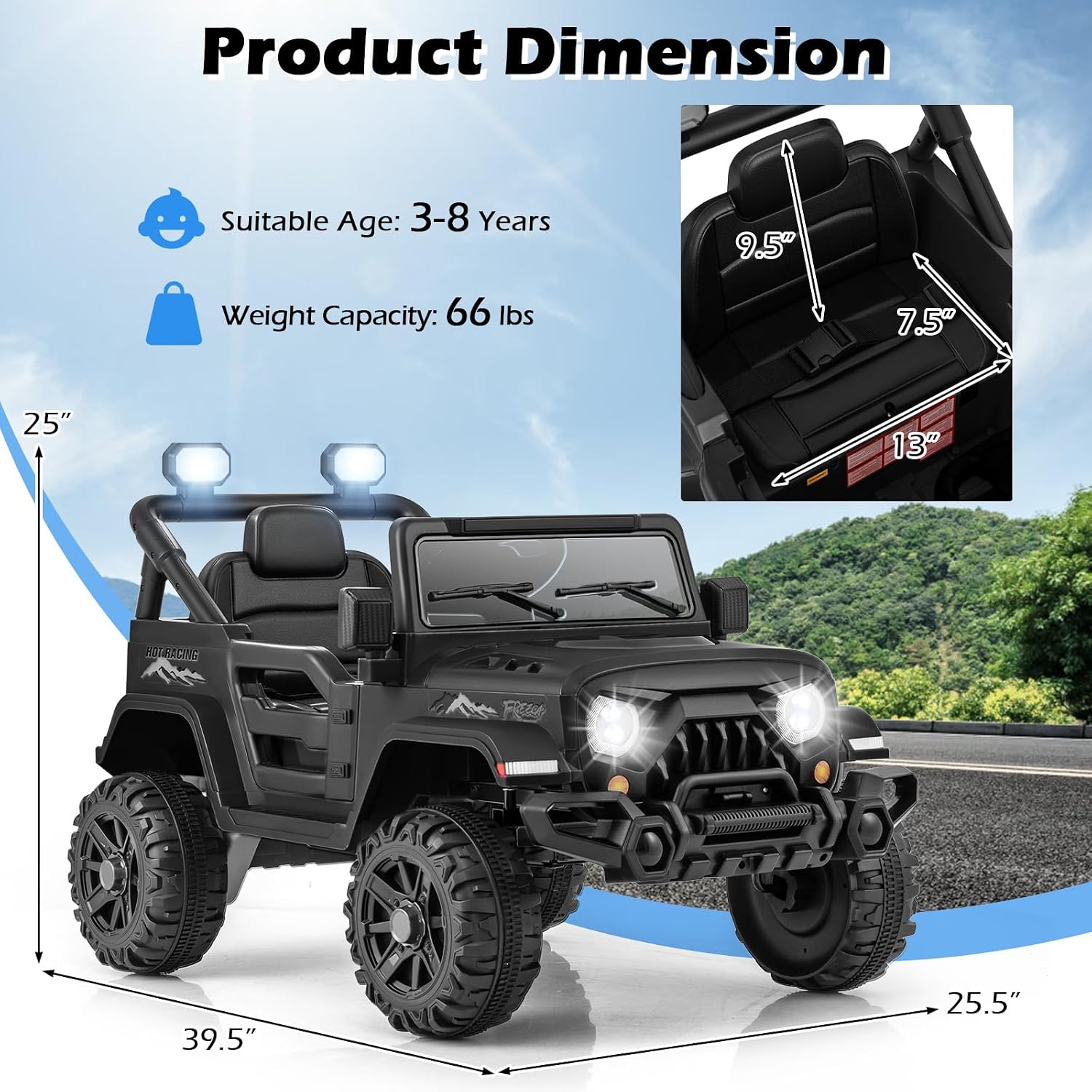 OLAKIDS Ride on Truck, 12V Battery Powered Electric Vehicle for Kids with Remote Control, Bluetooth, Power Display, LED Lights, Music Player, Ride on Toy for 3+ Boys Girls (Black)