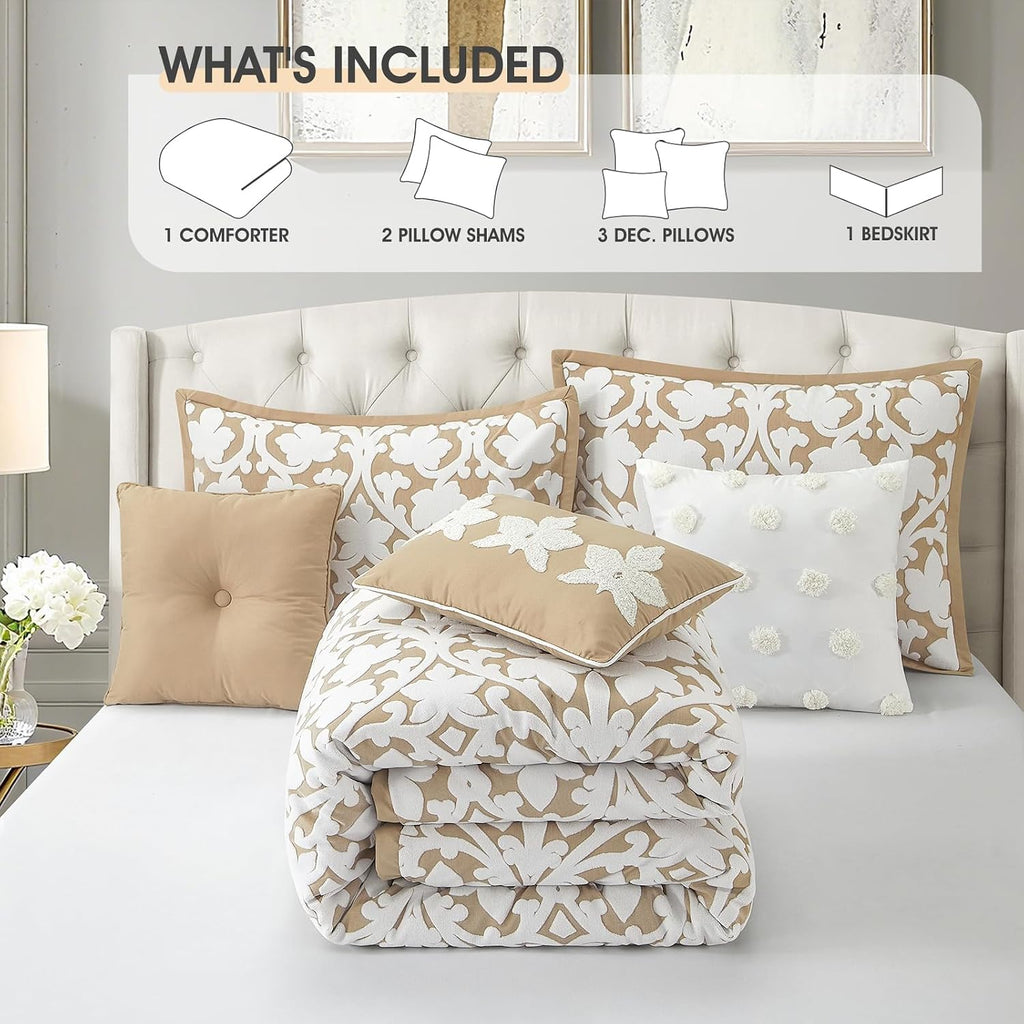 LANCO MODERN LIFESTYLE 7 Pieces Comforter Set, King, Khaki, Jacquard Floral Pattern and Classy Damask Medallion Design, Ultra Soft, Includes Bed Skirt, Shams, and Decorative Pillows