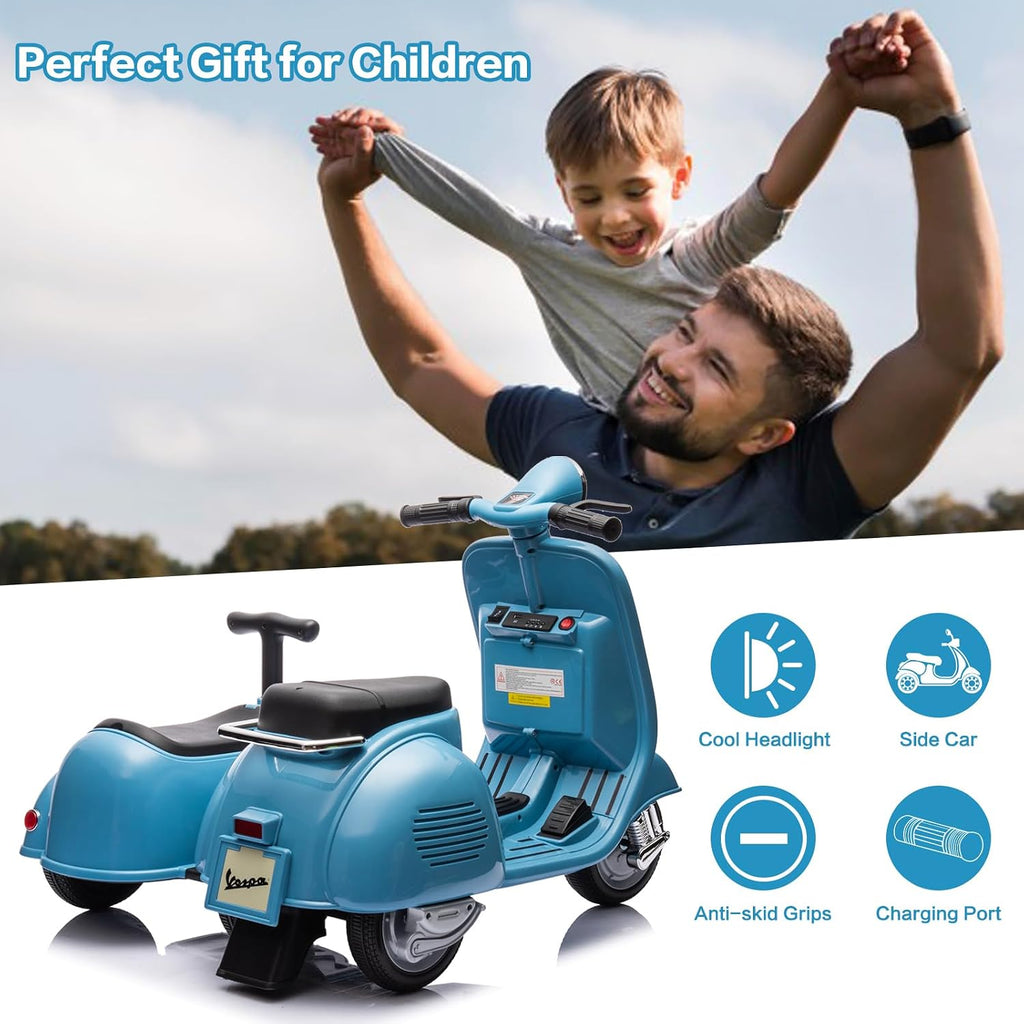 Kids Three Wheeled Motorcycle with Side Car & Speaker, Rechargeable Ride On Toy (Blue)