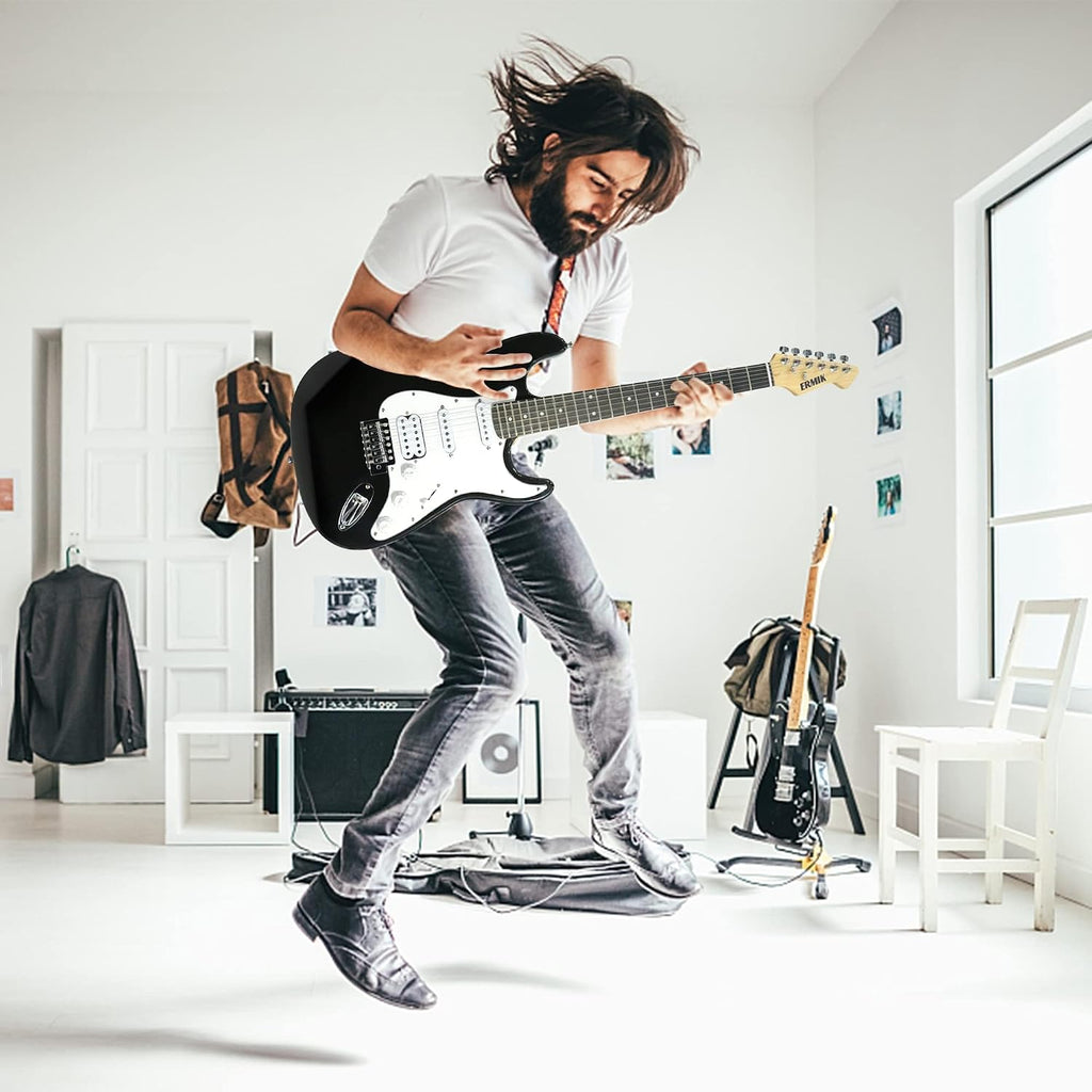 Ermik Solid Body Electric Guitar Kit with Amp 20W, Strings, Strap, Digital Tuner, Picks, Gig Bag, Cable, Tremolo Bar, 39' Full Size Guitar HSS Pickups Guitarra Electrica Beginner Gift - Black