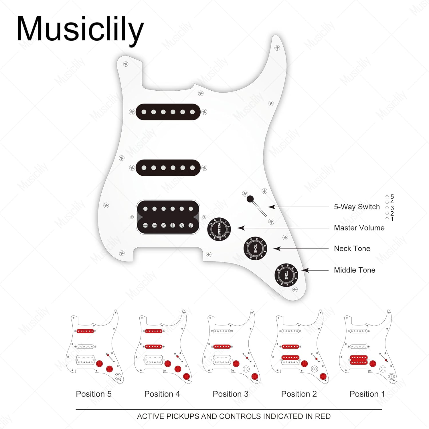 Musiclily Pro Auto-Split HSS Loaded Pickguard ST Prewired Pickguard with Artec Alnico 5 Single Coil Humbucker Pickups for American/Mexico Import Squier Strat Electric Guitar, 3ply Aged White