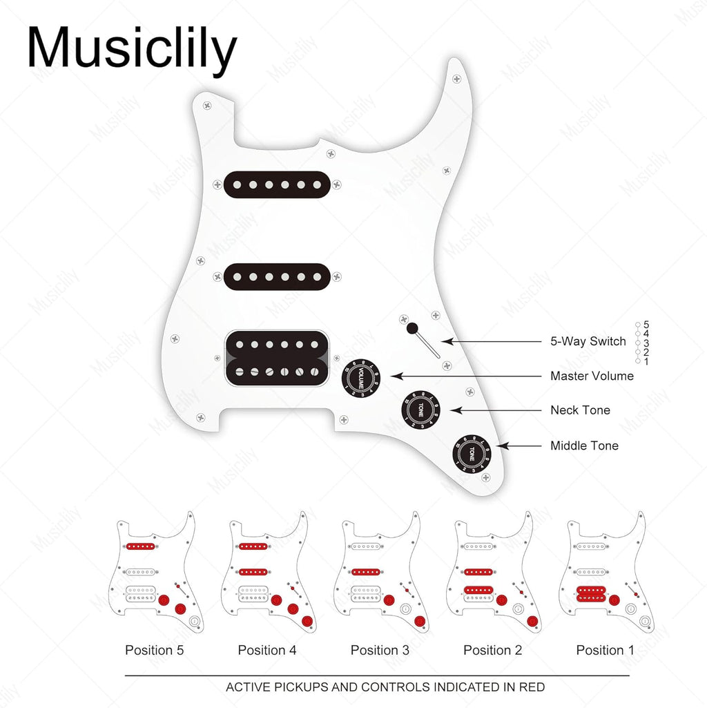 Musiclily Pro Auto-Split HSS Loaded Pickguard ST Prewired Pickguard with Artec Alnico 5 Single Coil Humbucker Pickups for American/Mexico Import Squier Strat Electric Guitar, 3ply White