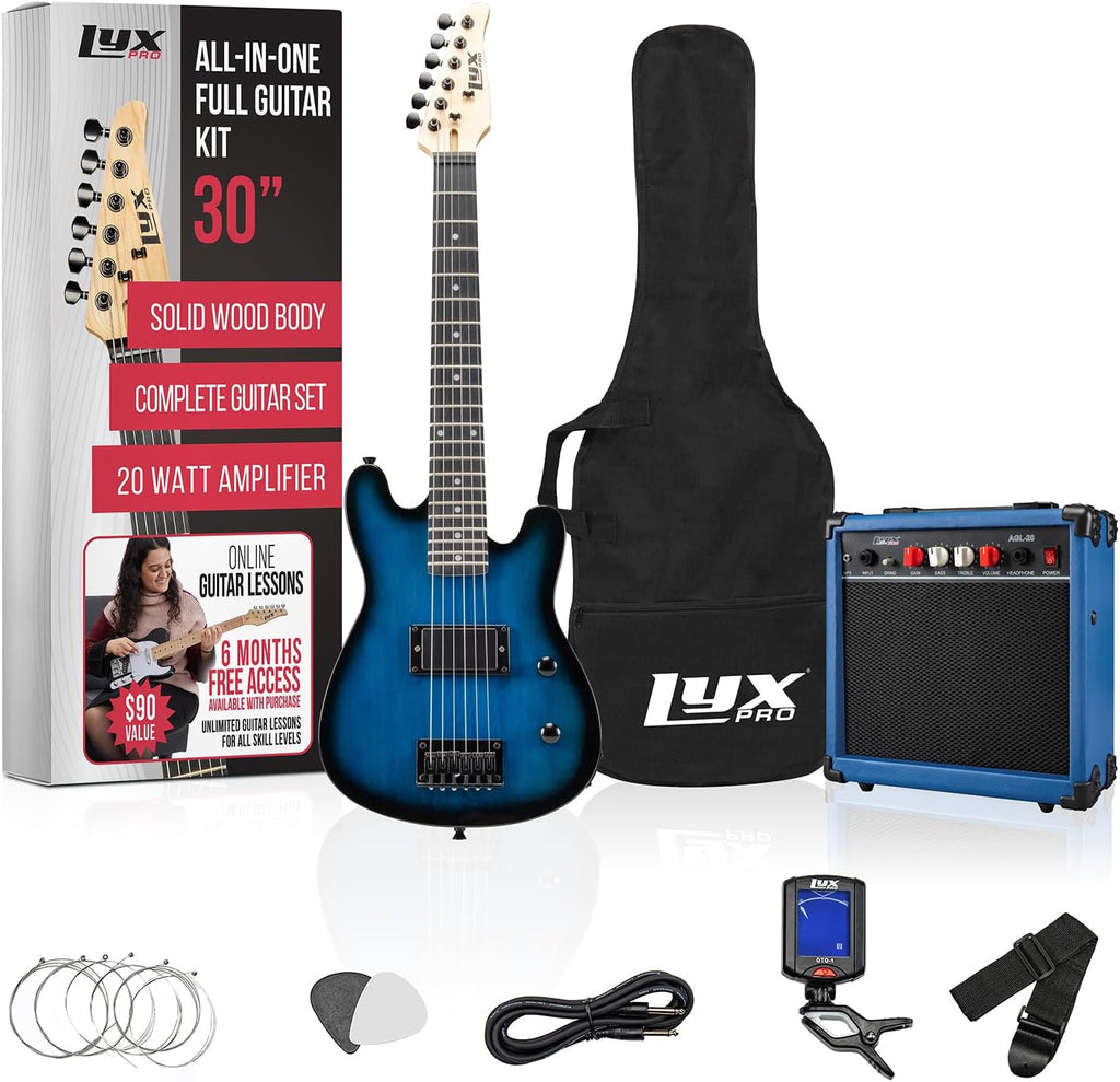 LyxPro 30 Inch Electric Guitar and Starter Kit for Kids with 3/4 Size Beginner's Guitar, Amp, Six Strings, Two Picks, Shoulder Strap, Digital Clip On Tuner, Guitar Cable and Soft Case Gig Bag - Blue