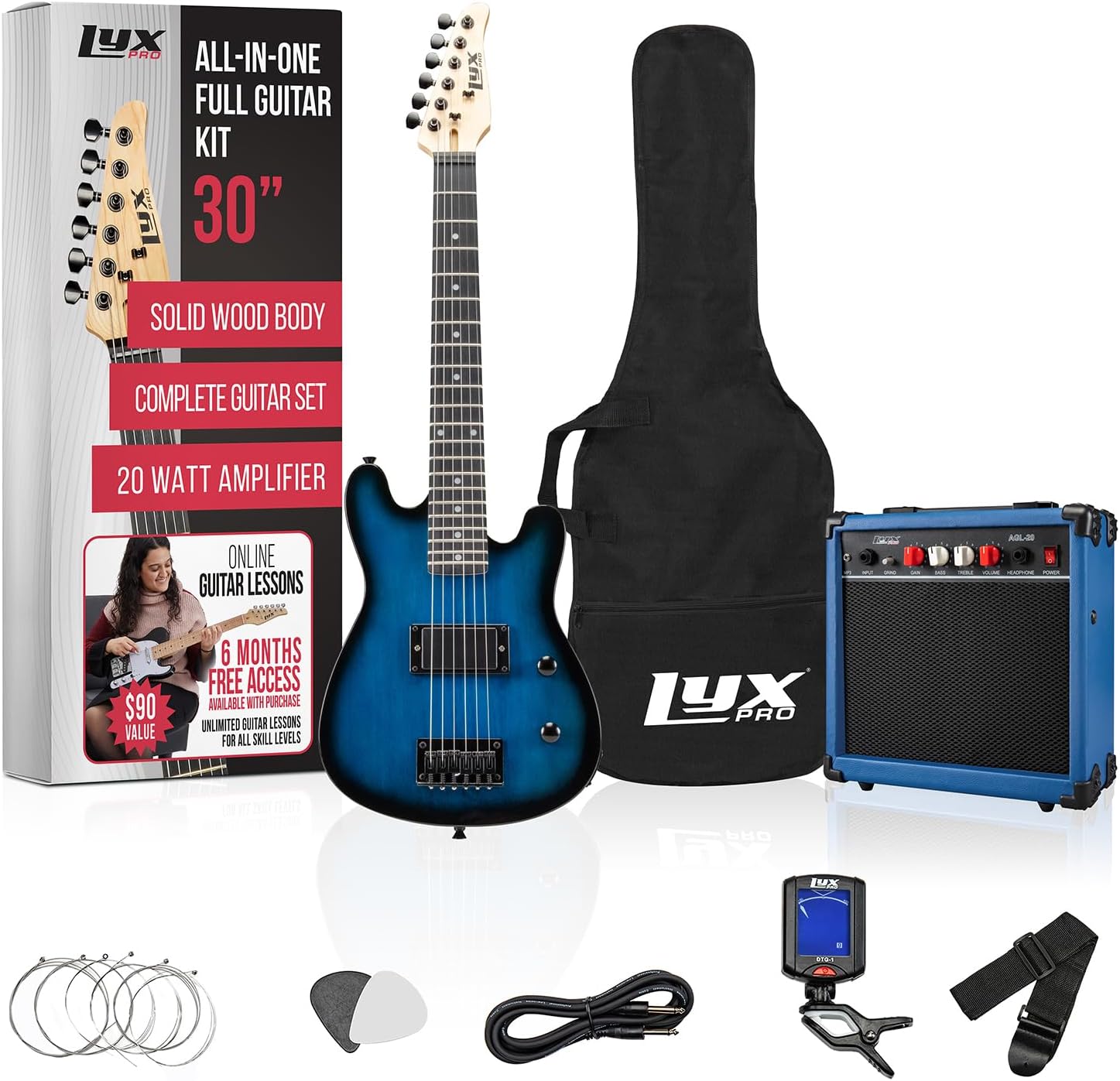 LyxPro 30 Inch Electric Guitar and Starter Kit for Kids with 3/4 Size Beginner's Guitar, Amp, Six Strings, Two Picks, Shoulder Strap, Digital Clip On Tuner, Guitar Cable and Soft Case Gig Bag - Blue