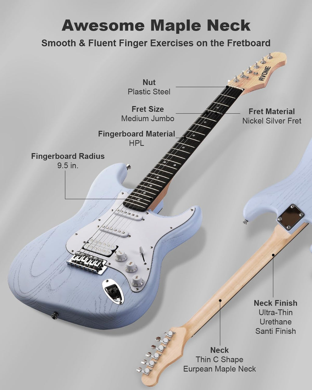 RVONE RST-150 39'Beginner Electric Guitar Kit with Amplifier, Classic HSS Pickup, Electric Guitar with Gig Bag, Capo, Strap, Extra Strings, Digital Tuner, 3 Picks, Cleaning Cloths (Light Blue)
