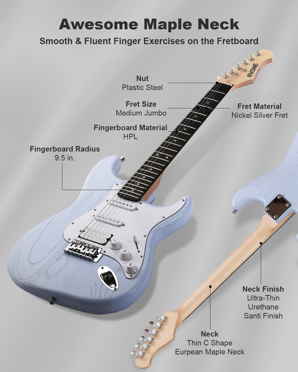 RVONE RST-150 39'Beginner Electric Guitar Kit with Amplifier, Classic HSS Pickup, Electric Guitar with Gig Bag, Capo, Strap, Extra Strings, Digital Tuner, 3 Picks, Cleaning Cloths (Light Blue)