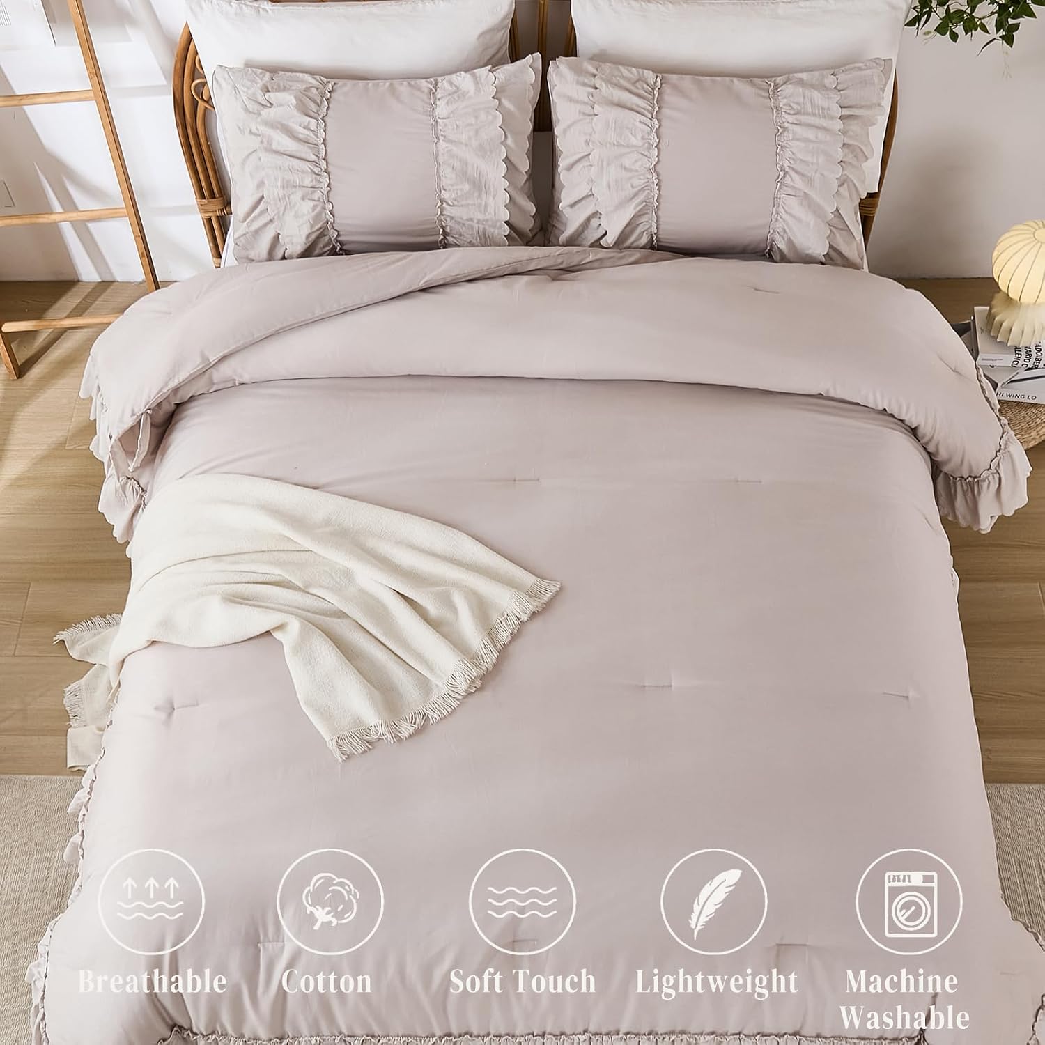 Herside Beige Cotton Ruffle Comforter King Size,2 Layers Ruffles Boho Bedding Set,3 Pcs Fluffy Vintage Comforter Farmhouse Soft and Cozy Lightweight Quilt Set for Women Home Decor
