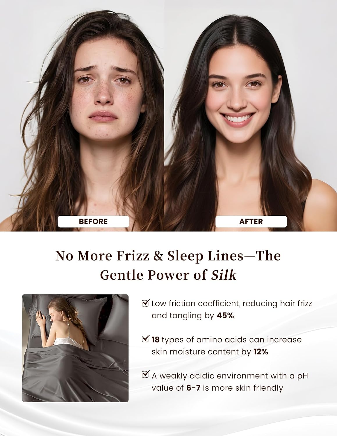 THXSILK 100% Mulberry Silk Bed Sheets Set - 4pc Set - Deep Pocket Fitted Sheet, 2 Pack Silk Pillowcase with Zipper Closure - Full Size, Dark Grey